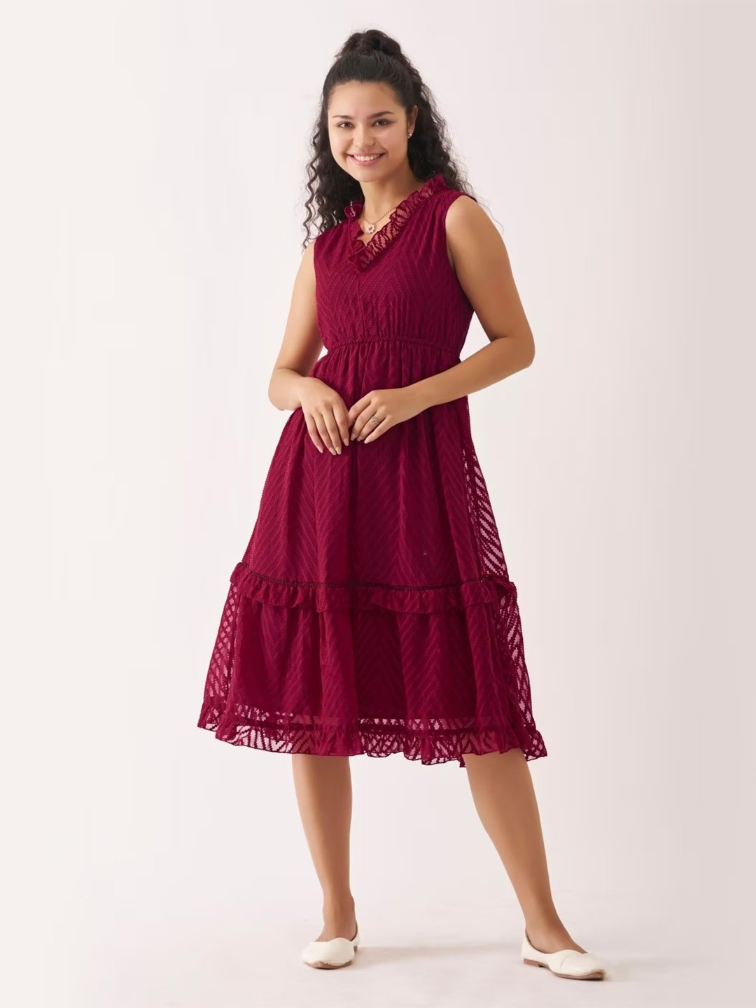 

SIDYAL Chevron Self Design Georgette Fit and Flare Midi Dress, Maroon