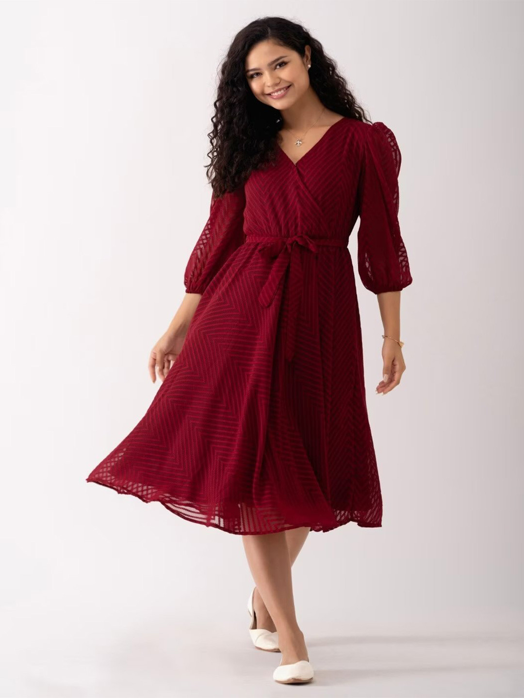 

SIDYAL Chevron Self Design Puff Sleeve Georgette Fit and Flare Midi Dress, Maroon