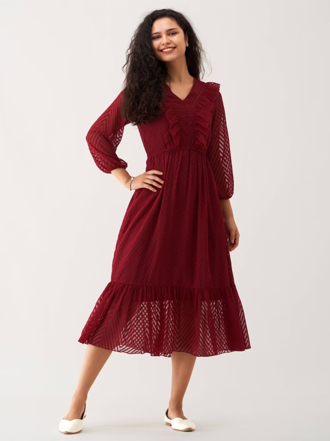 

SIDYAL Chevron Self Design Puff Sleeve Georgette Fit and Flare Midi Dress, Maroon