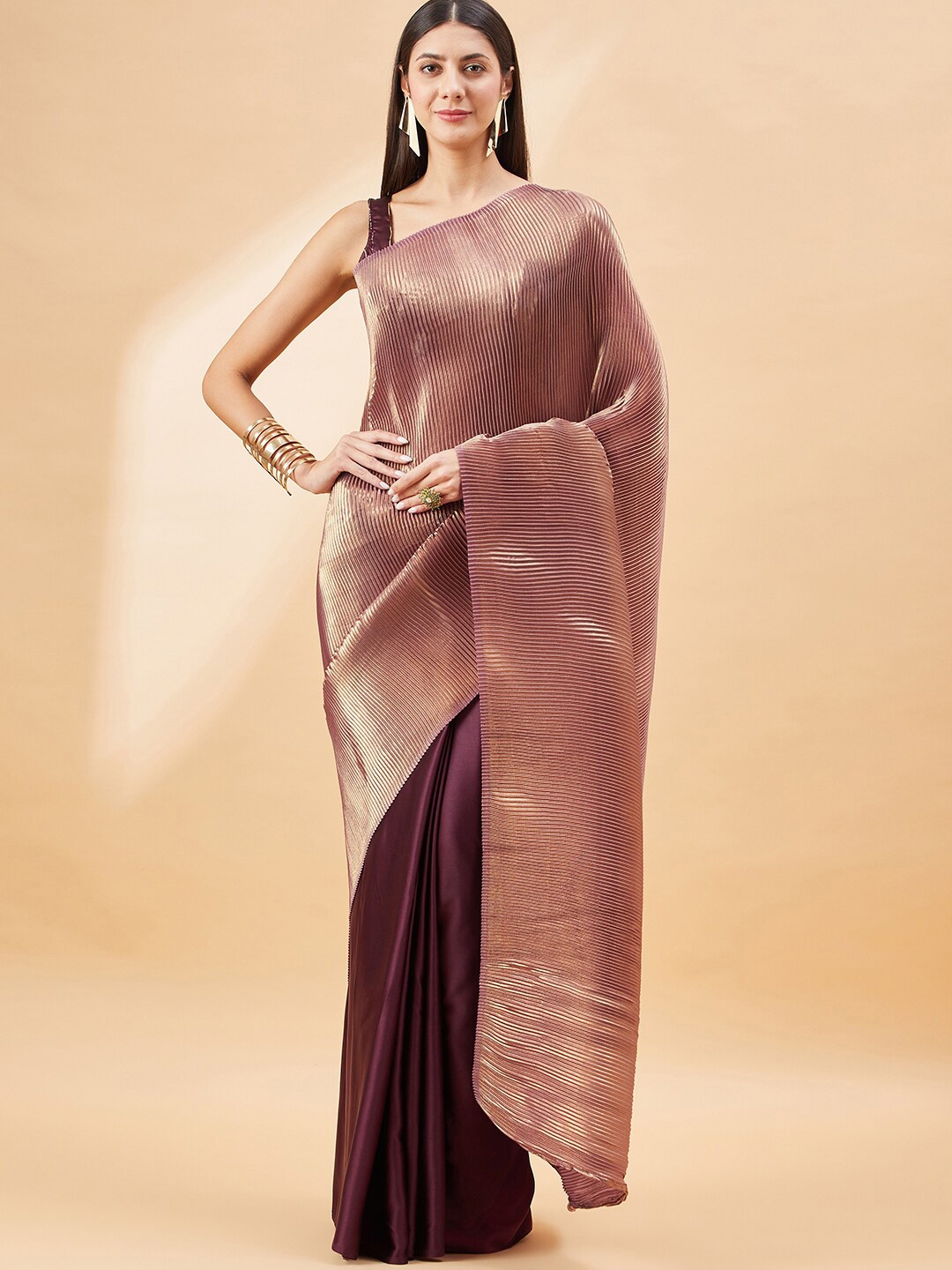 

all about you Satin Half and Half Crushed Saree, Peach