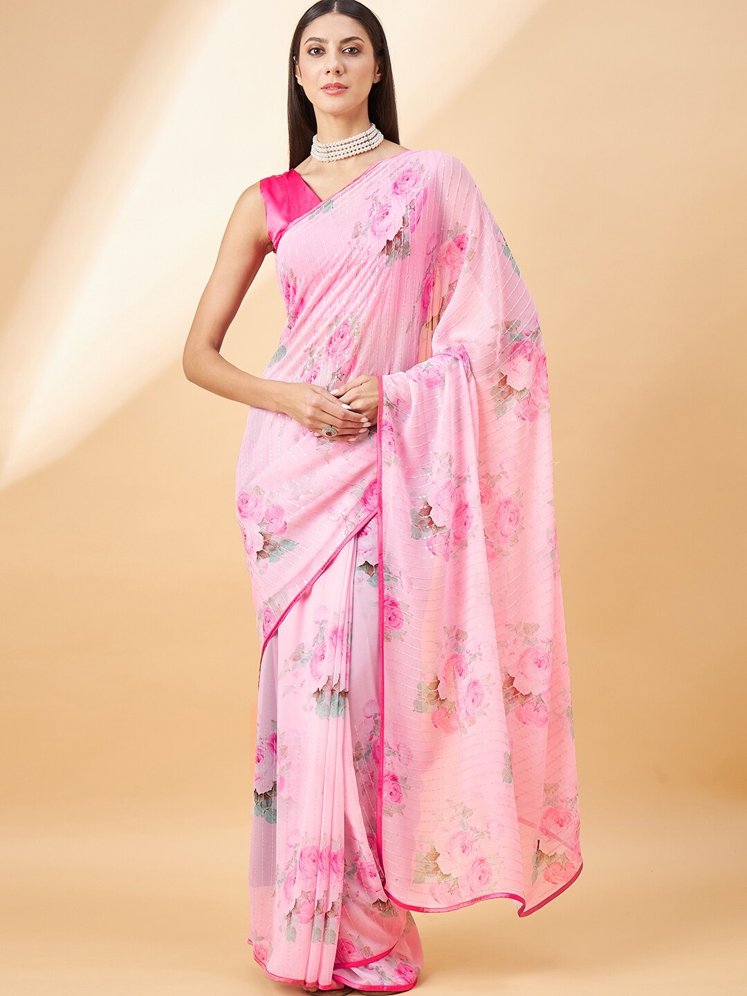 

all about you Floral Printed With Sequinned Detail Pure Georgette Saree, Pink