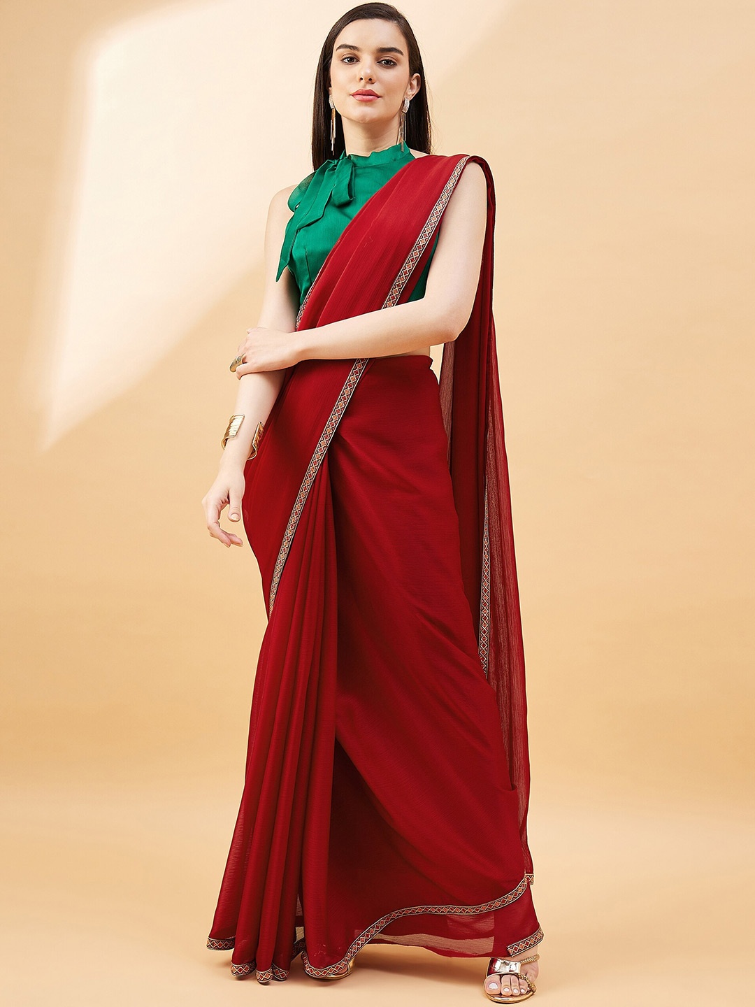 

all about you Satin With Embellished Detail Saree, Maroon