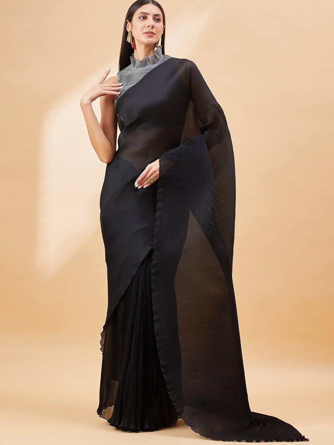 

all about you Crushed Organza Saree, Black
