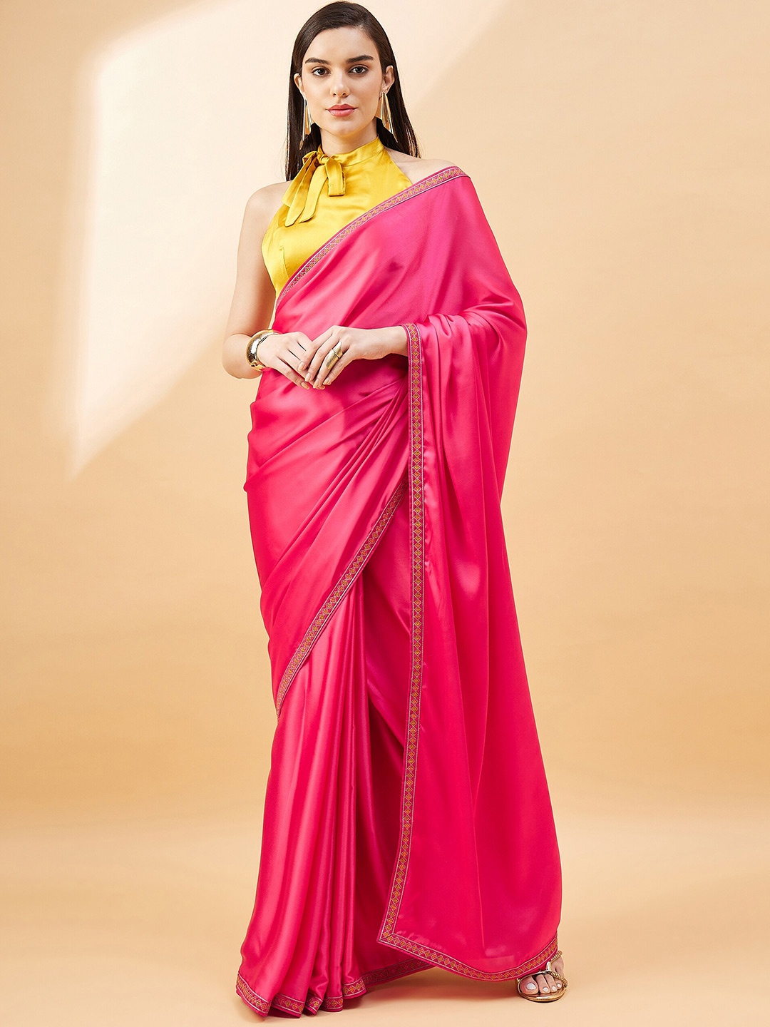 

all about you Satin With Embellished Detail Saree, Pink