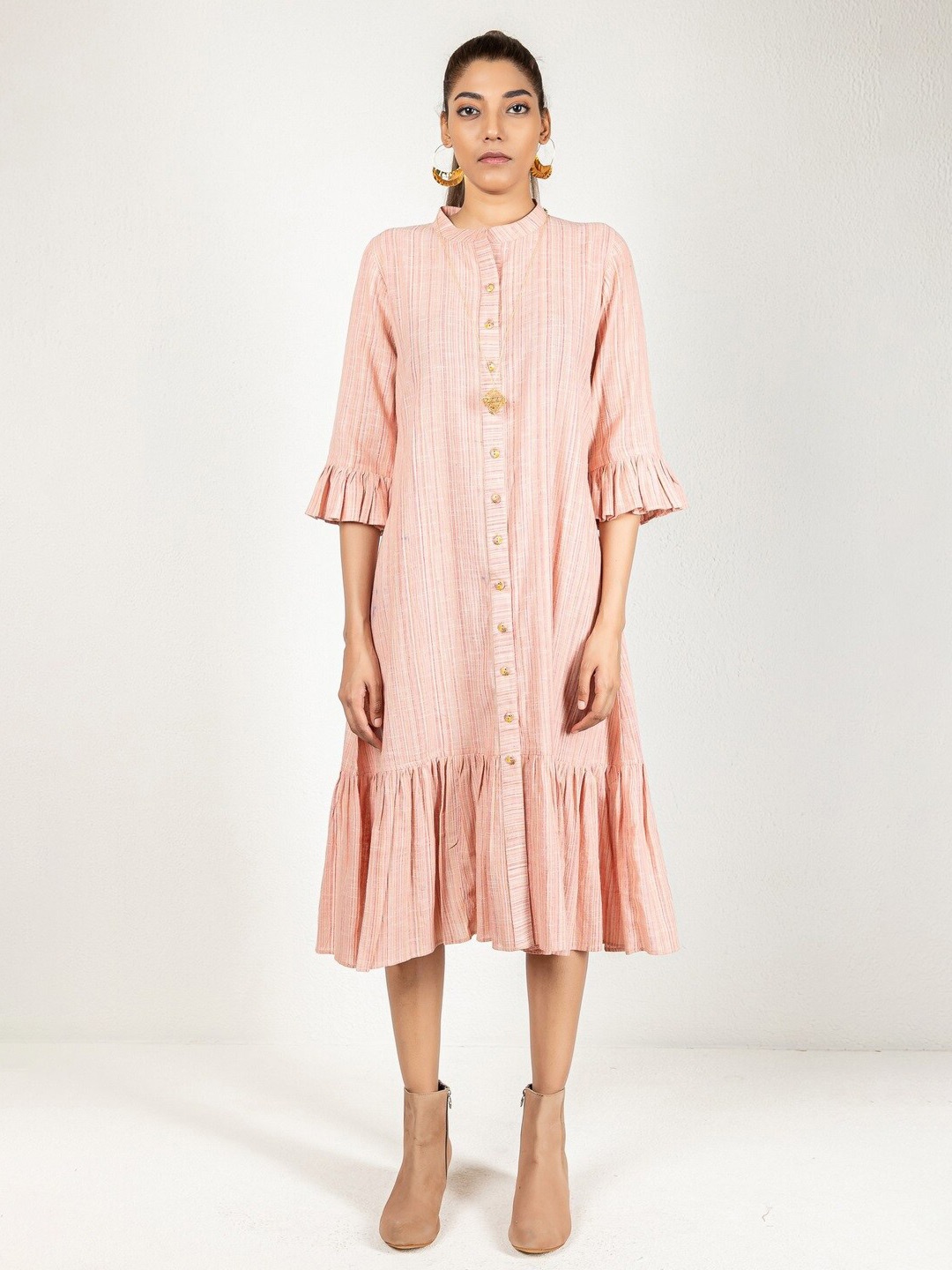 

INDIE JHOLA Mandarin Collar Bell Sleeve Tiered Flounce Cotton A-Line Midi Dress, Pink