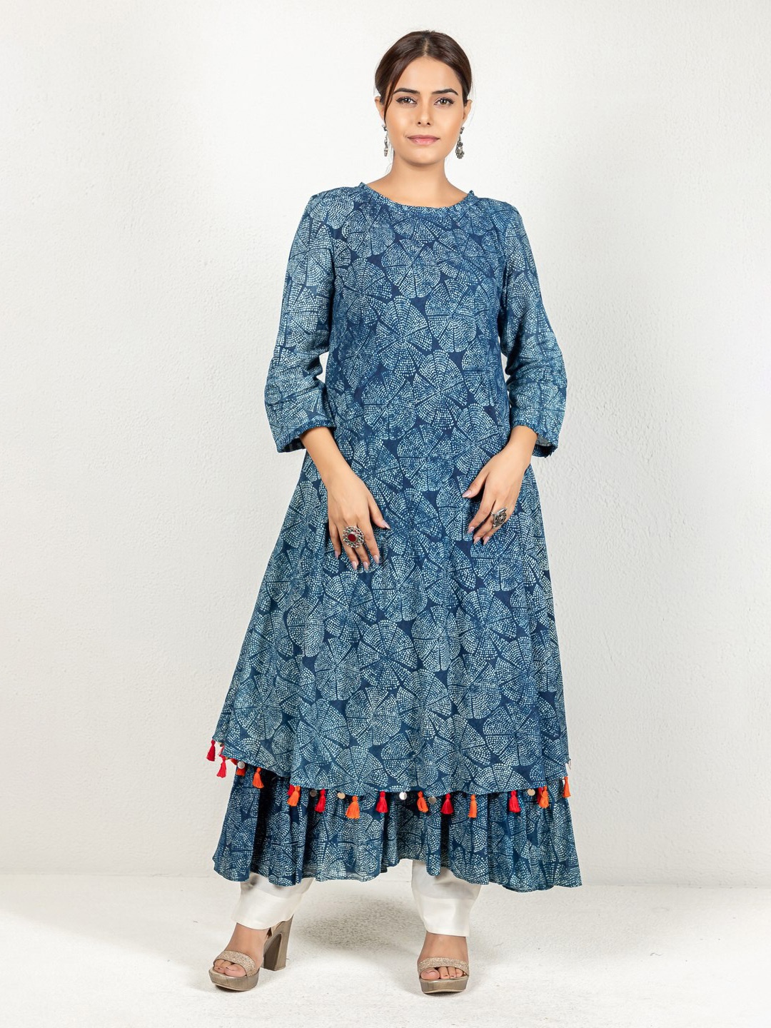 

INDIE JHOLA Floral Print Round Neck Regular Sleeves Flared Cotton Maxi Dress, Blue