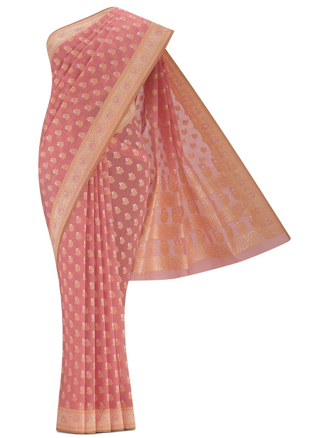 

Nalli Floral Woven Design Zari Silk Cotton Saree, Coral