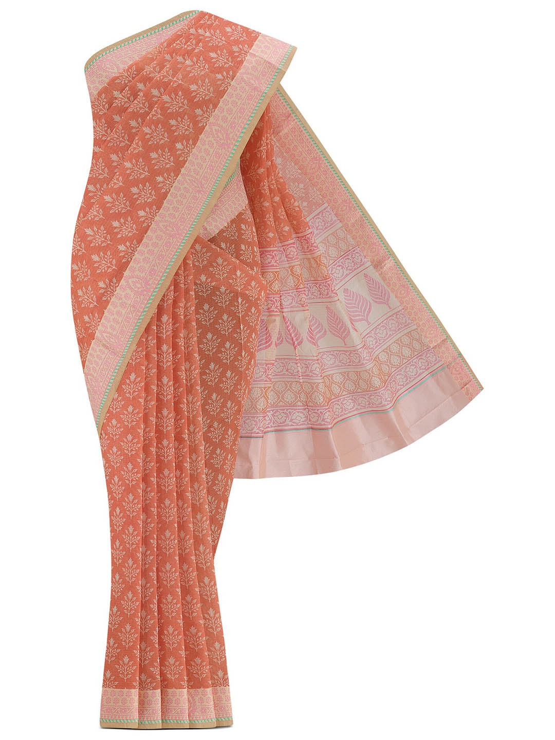 

Nalli Floral Printed Woven Design Zari Kota Saree, Coral