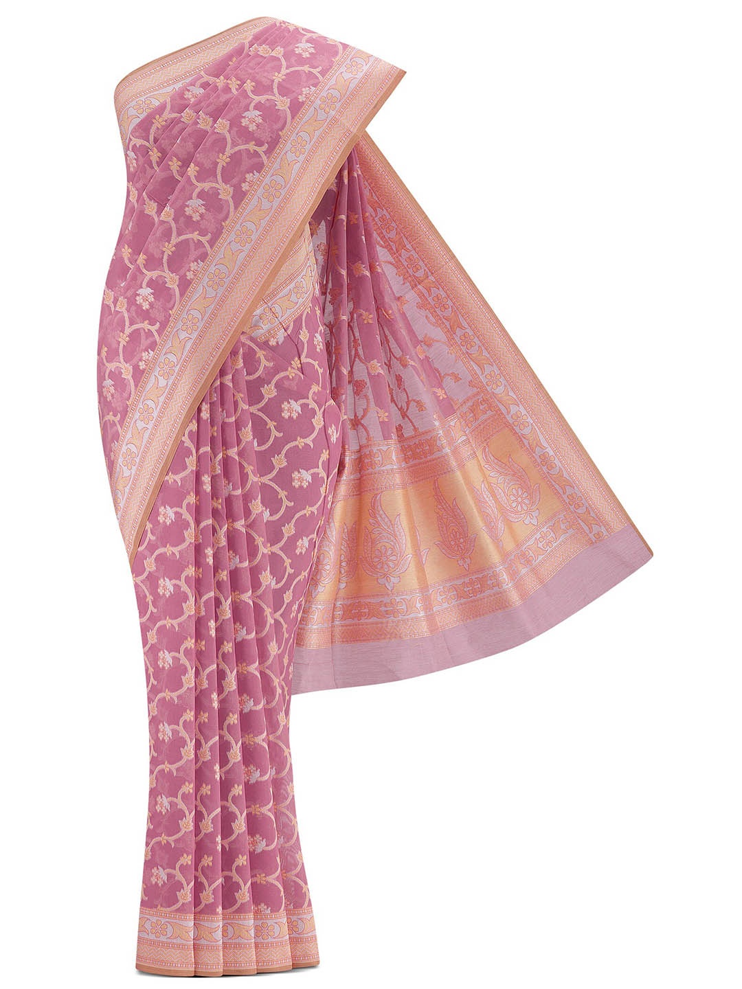 

Nalli Floral Woven Design Silk Cotton Zari Saree, Pink