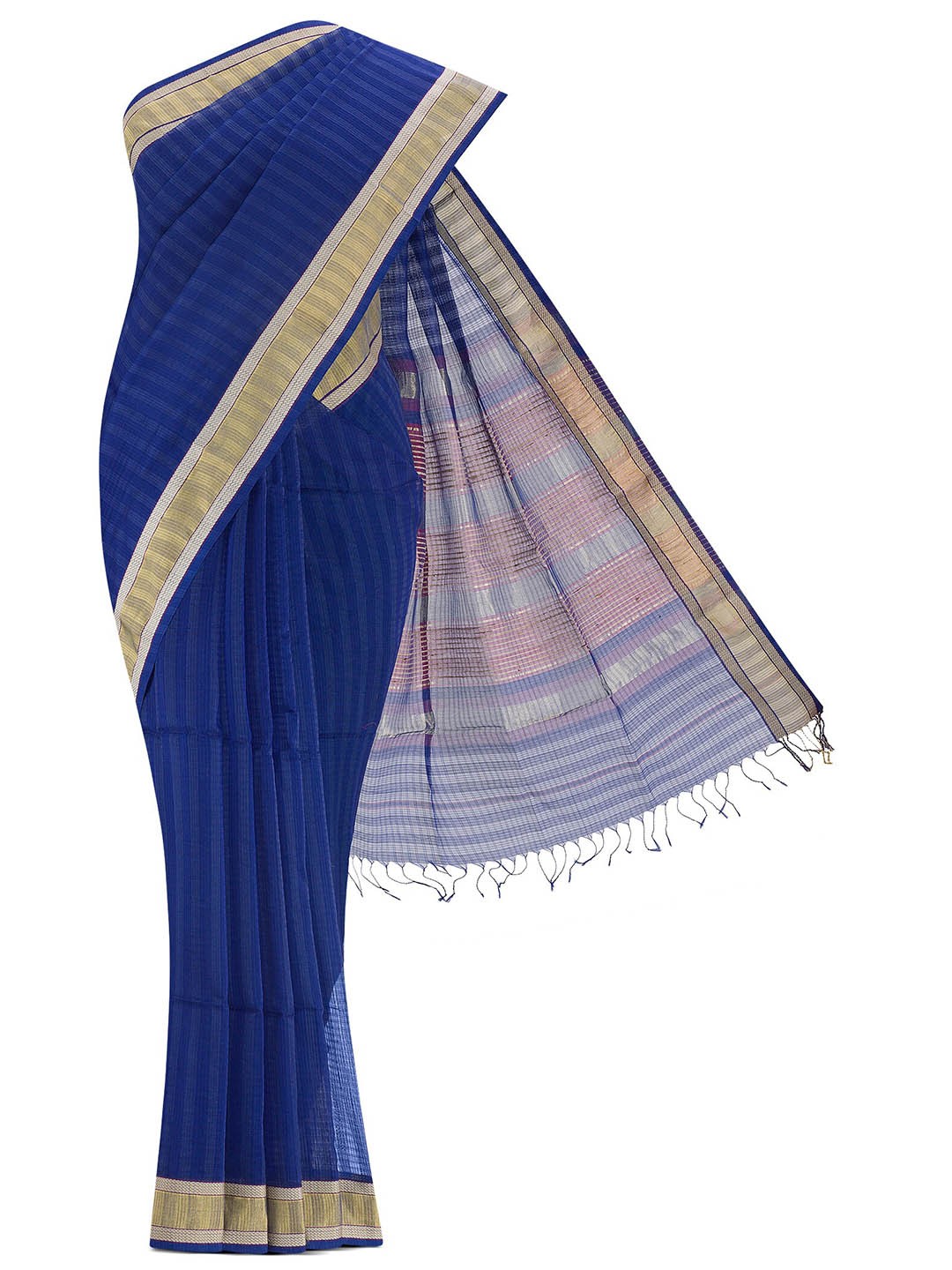 

Nalli Striped Woven Design Zari Silk Cotton Maheshwari Saree, Blue