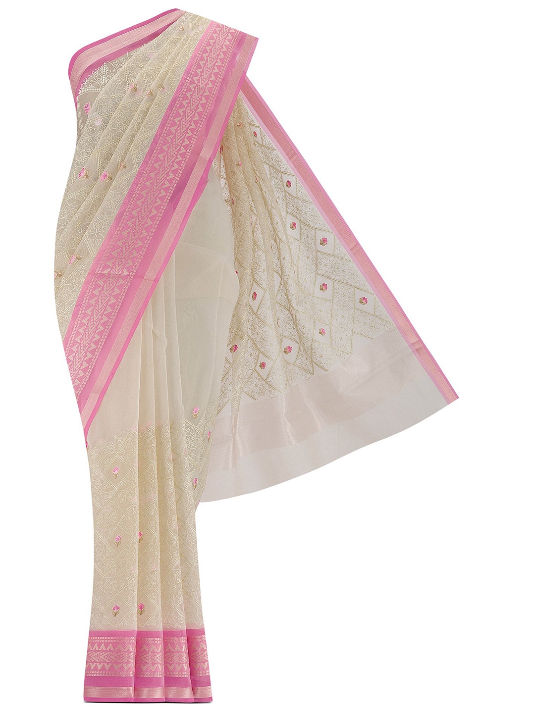 

Nalli Floral Embroidered Woven Design Zari Saree, Cream