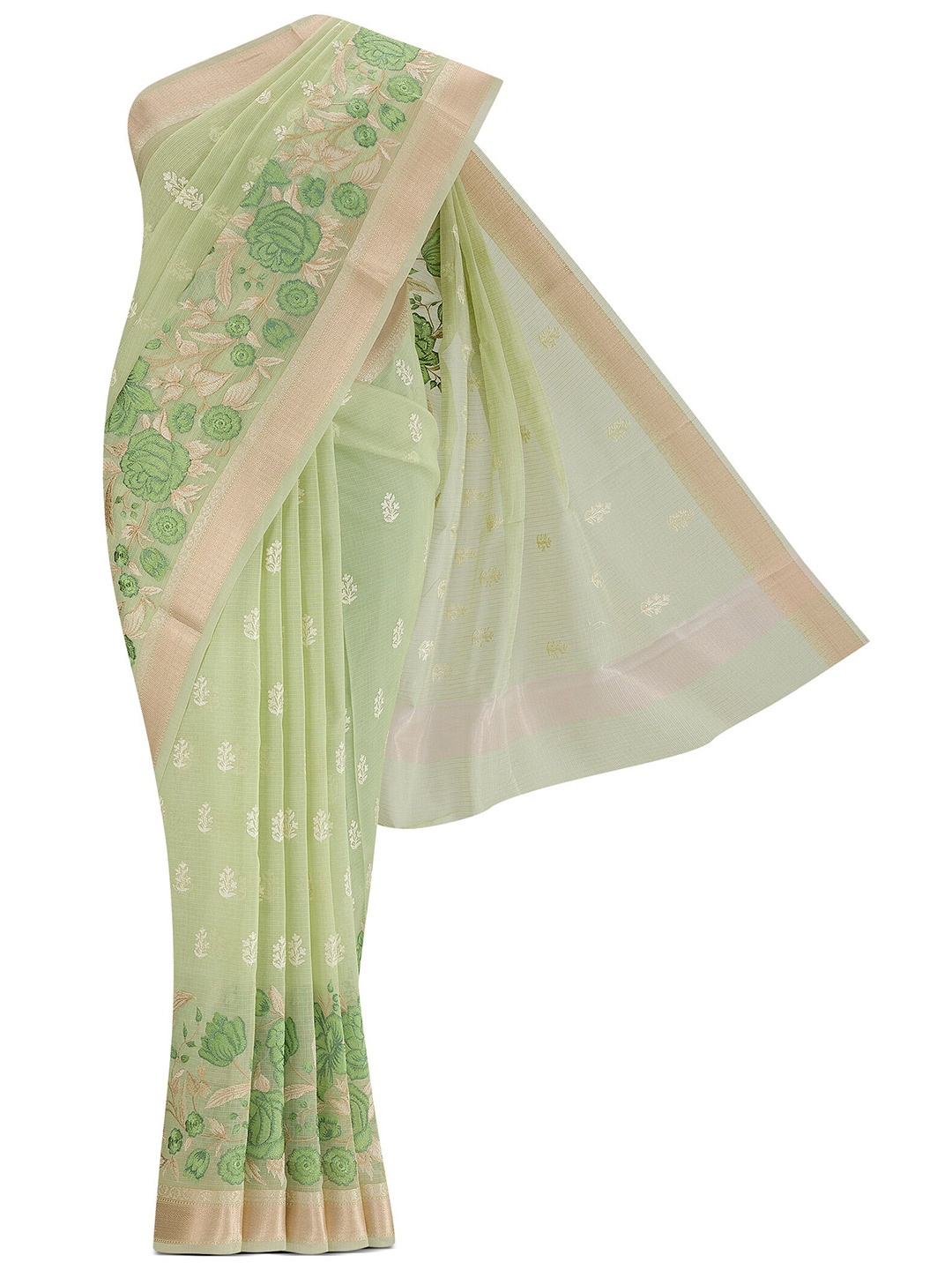 

Nalli Floral Embroidered Woven Design Zari Kota Saree, Green