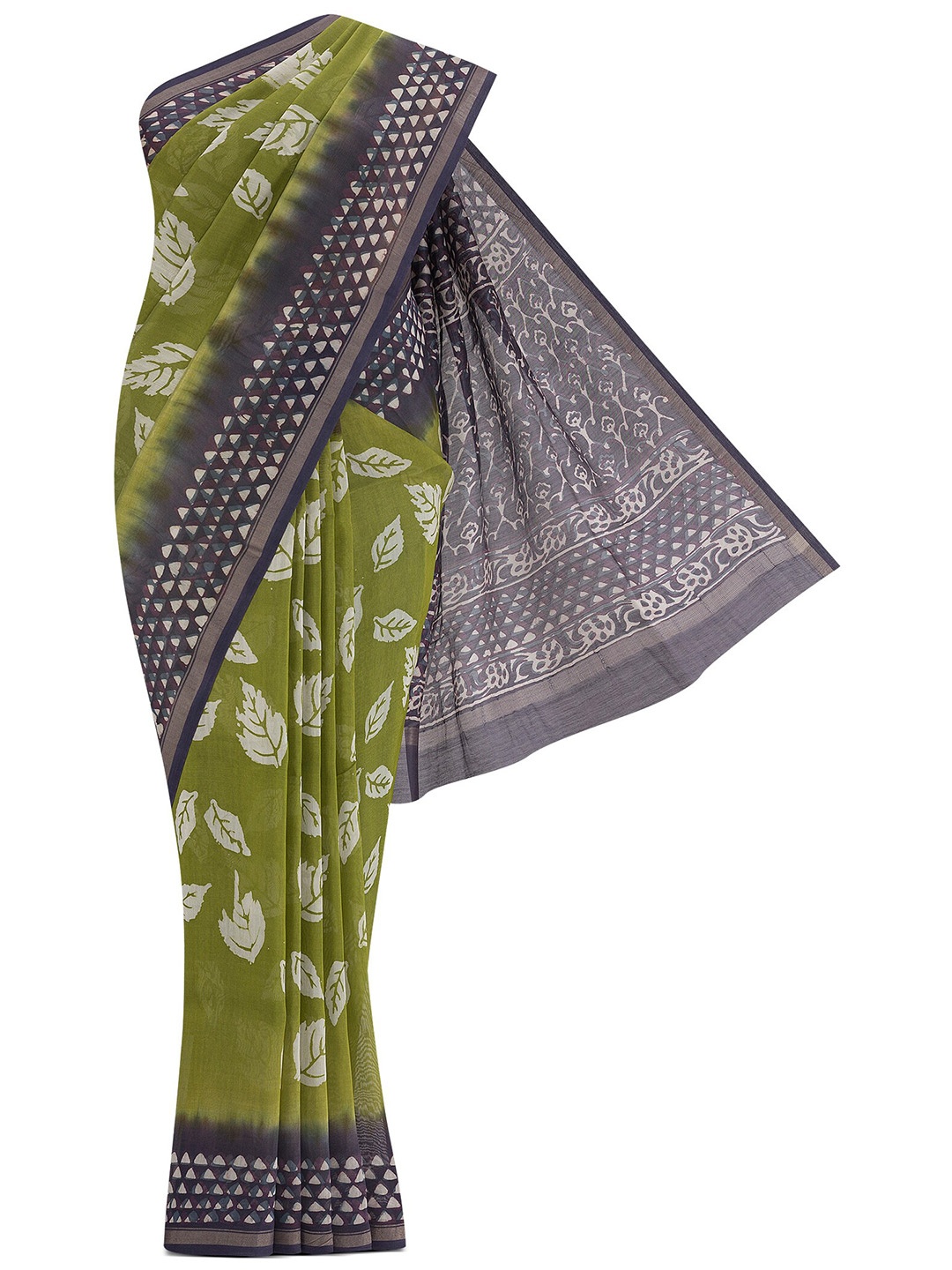 

Nalli Batik Printed Zari Silk Cotton Maheshwari Saree, Green