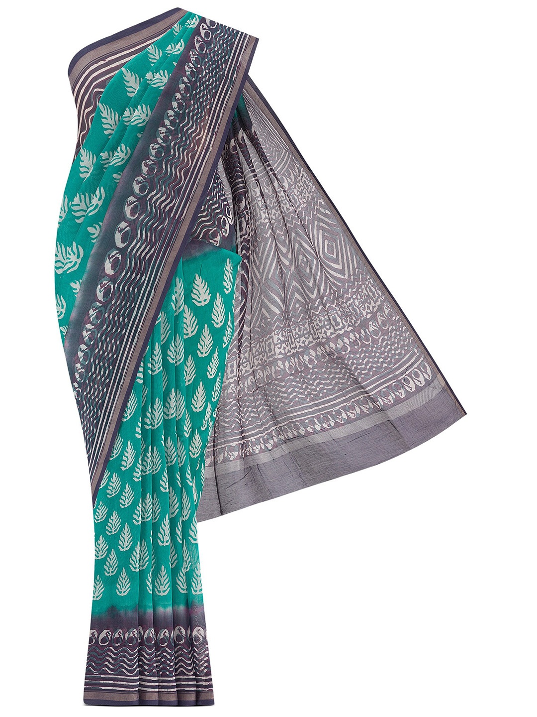 

Nalli Ethnic Motifs Printed Zari Silk Cotton Maheshwari Saree, Green