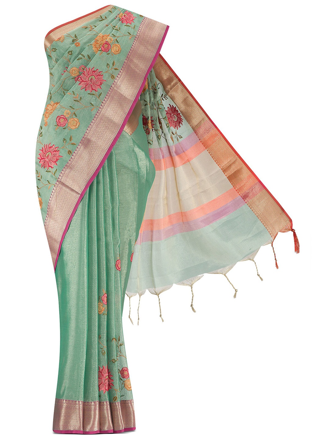 

Nalli Floral Woven Design Zari Silk Cotton Saree, Green