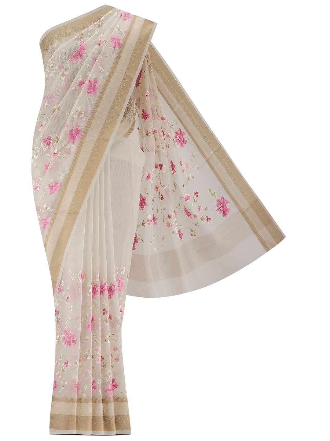 

Nalli Floral Printed Woven Design Zari Kota Saree, Cream