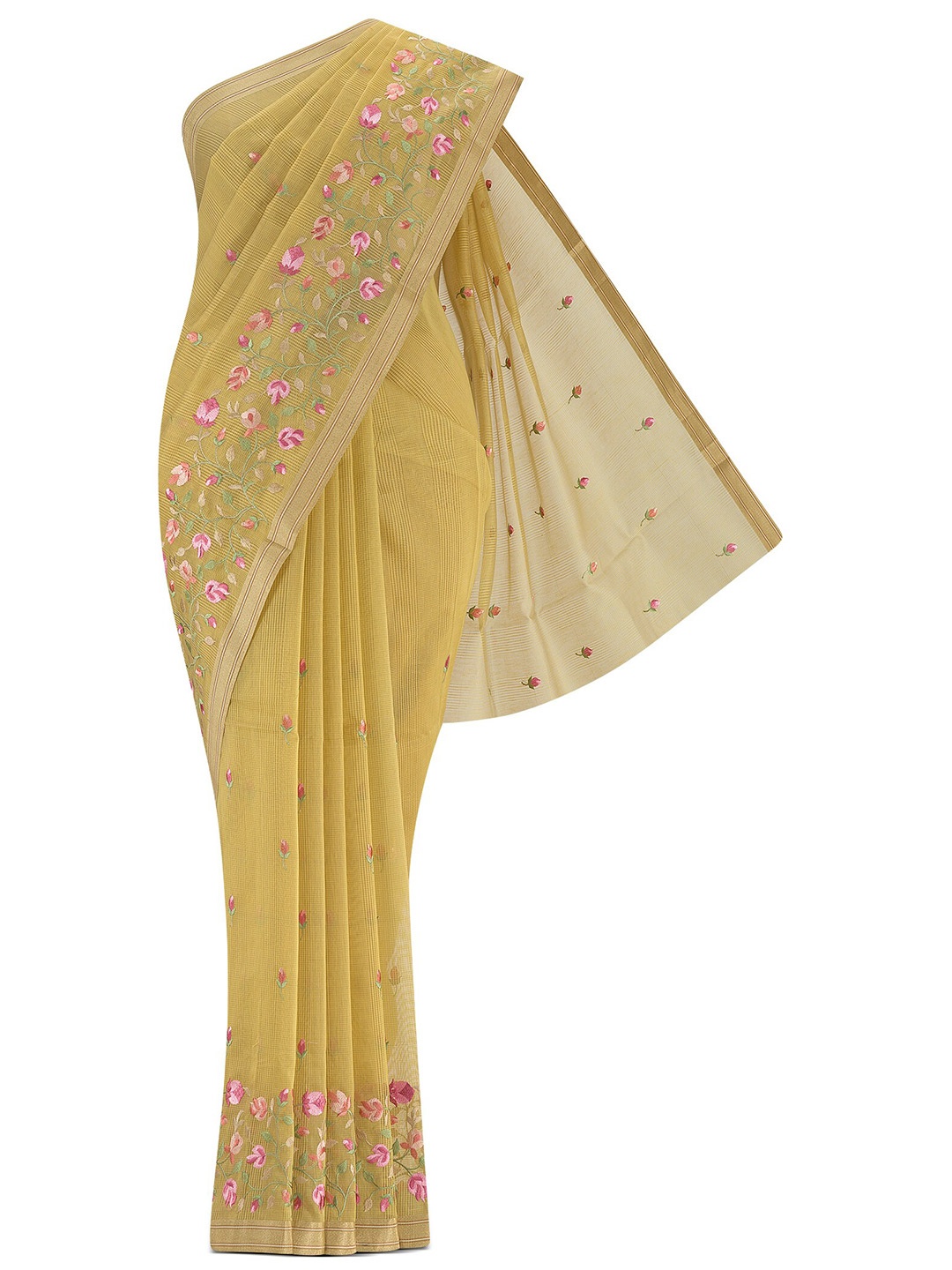 

Nalli Floral Embroidered Zari Kota Saree, Yellow