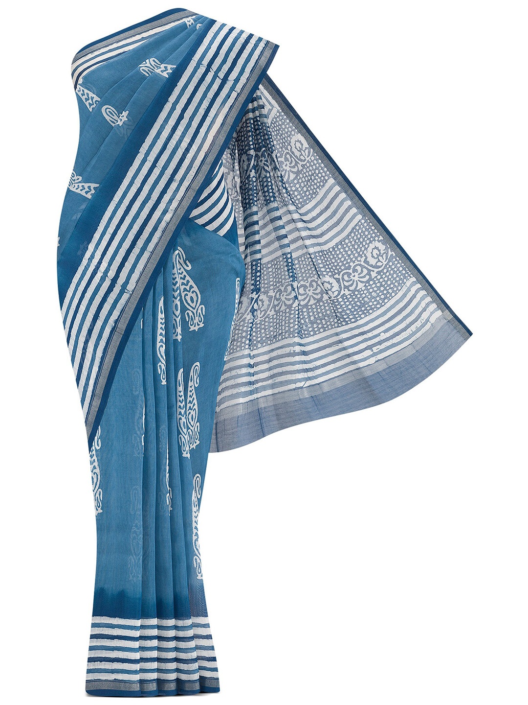 

Nalli Paisley Printed Silk Cotton Maheshwari Saree, Blue