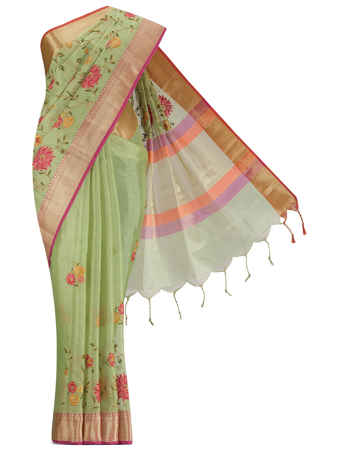 

Nalli Floral Embroidered Silk Cotton Zari Saree, Green