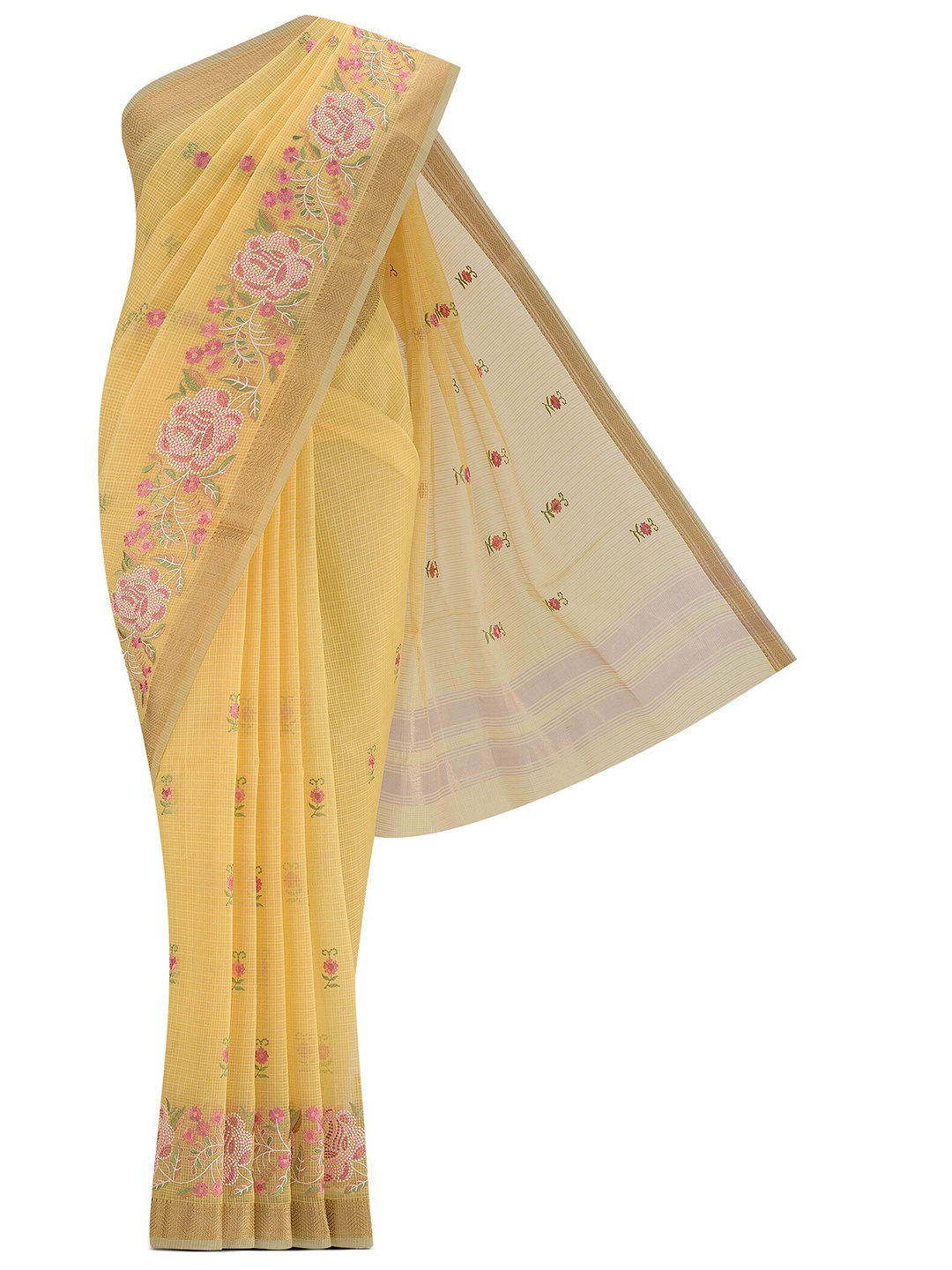 

Nalli Floral Embroidered Zari Kota Saree, Yellow