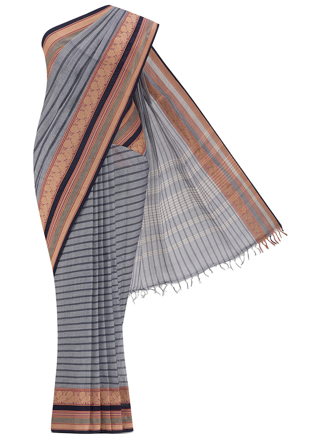 

Nalli Striped Zari Pure Cotton Chettinad Saree, Grey