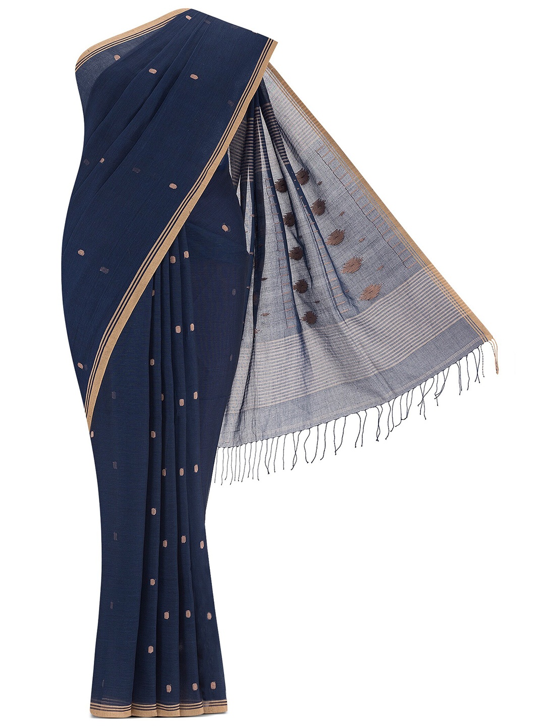 

Nalli Polka Dots Woven Design Pure Cotton Taant Saree, Navy blue
