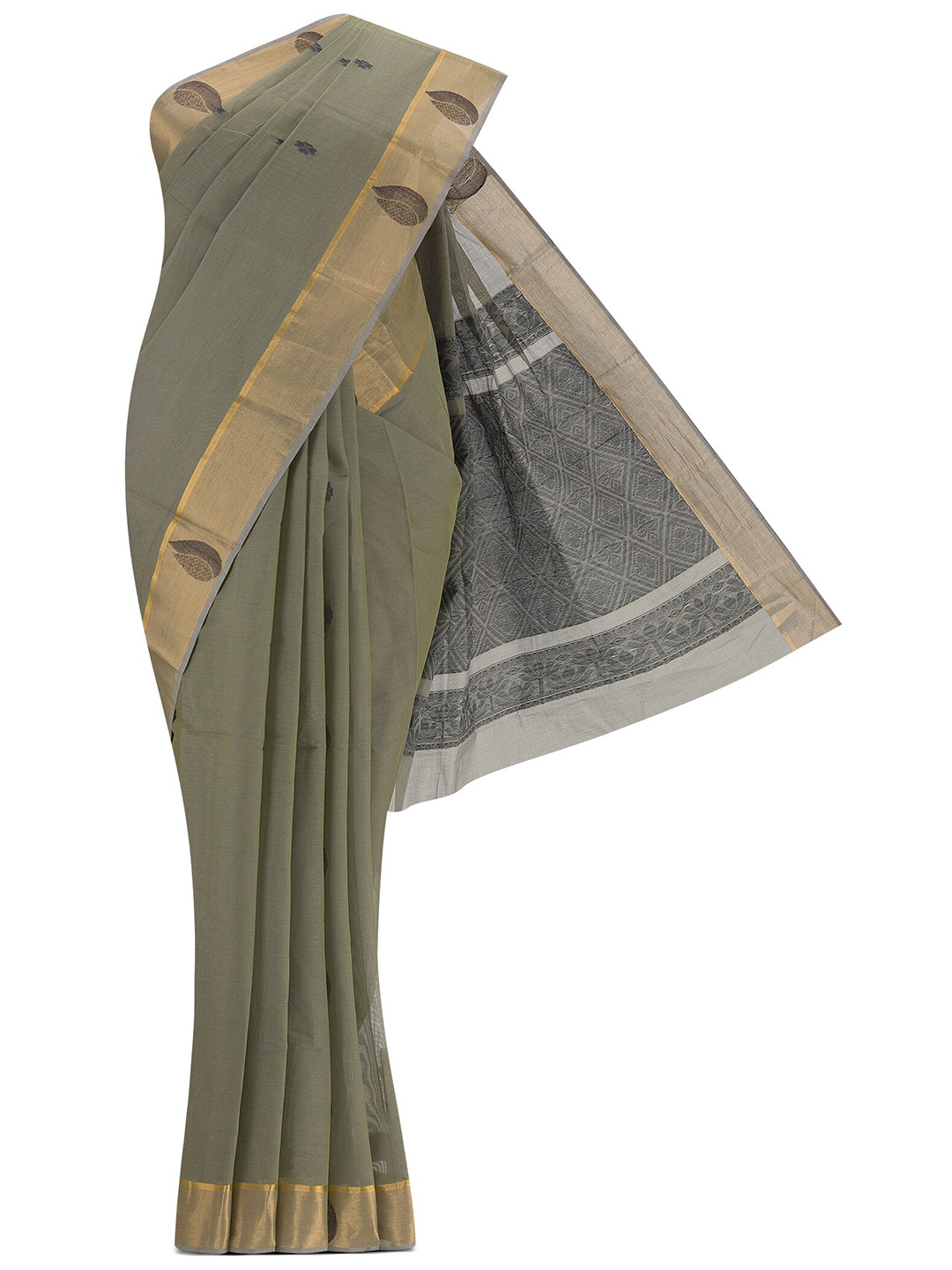 

Nalli Floral Printed Woven Design Zari Pure Cotton Kanjeevaram Saree, Grey