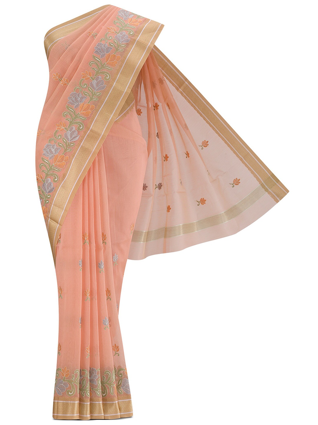

Nalli Floral Embroidered Zari Kota Saree, Peach