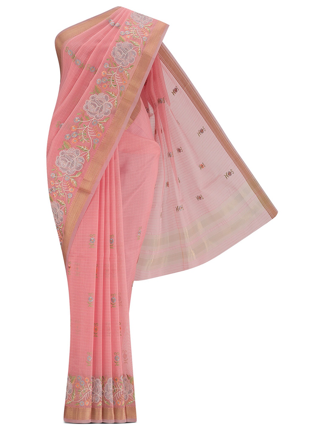 

Nalli Ethnic Motifs Embroidered Zari Kota Saree, Coral