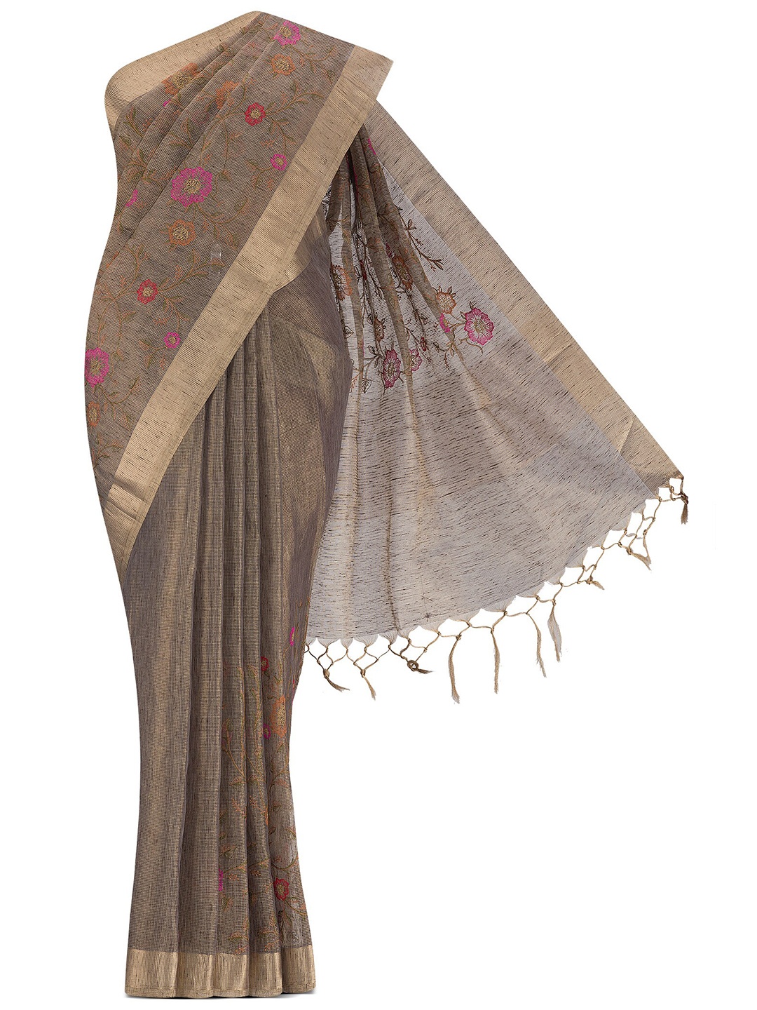 

Nalli Floral Embroidered Zari Silk Cotton Saree, Grey