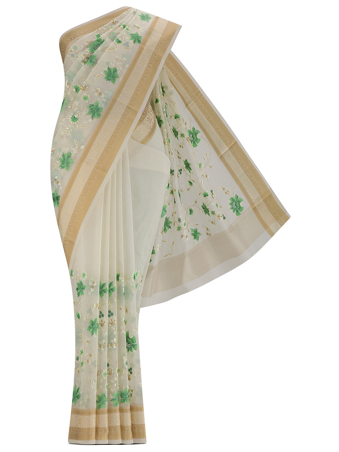 

Nalli Floral Printed Woven Design Zari Kota Saree, Cream