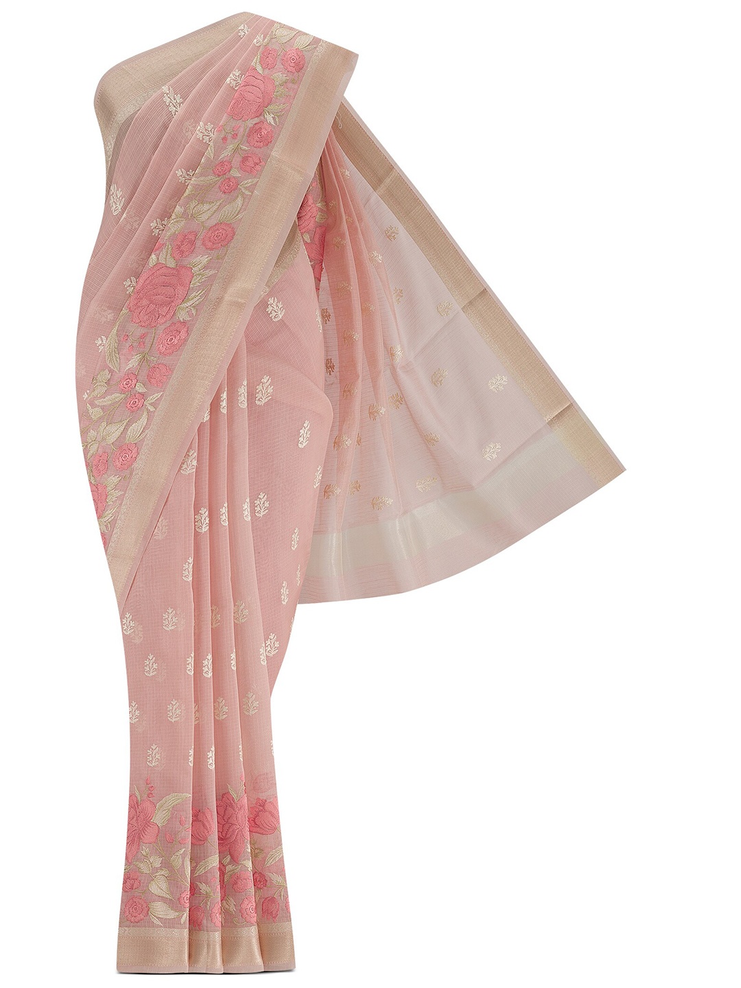

Nalli Floral Embroidered Zari Kota Saree, Peach