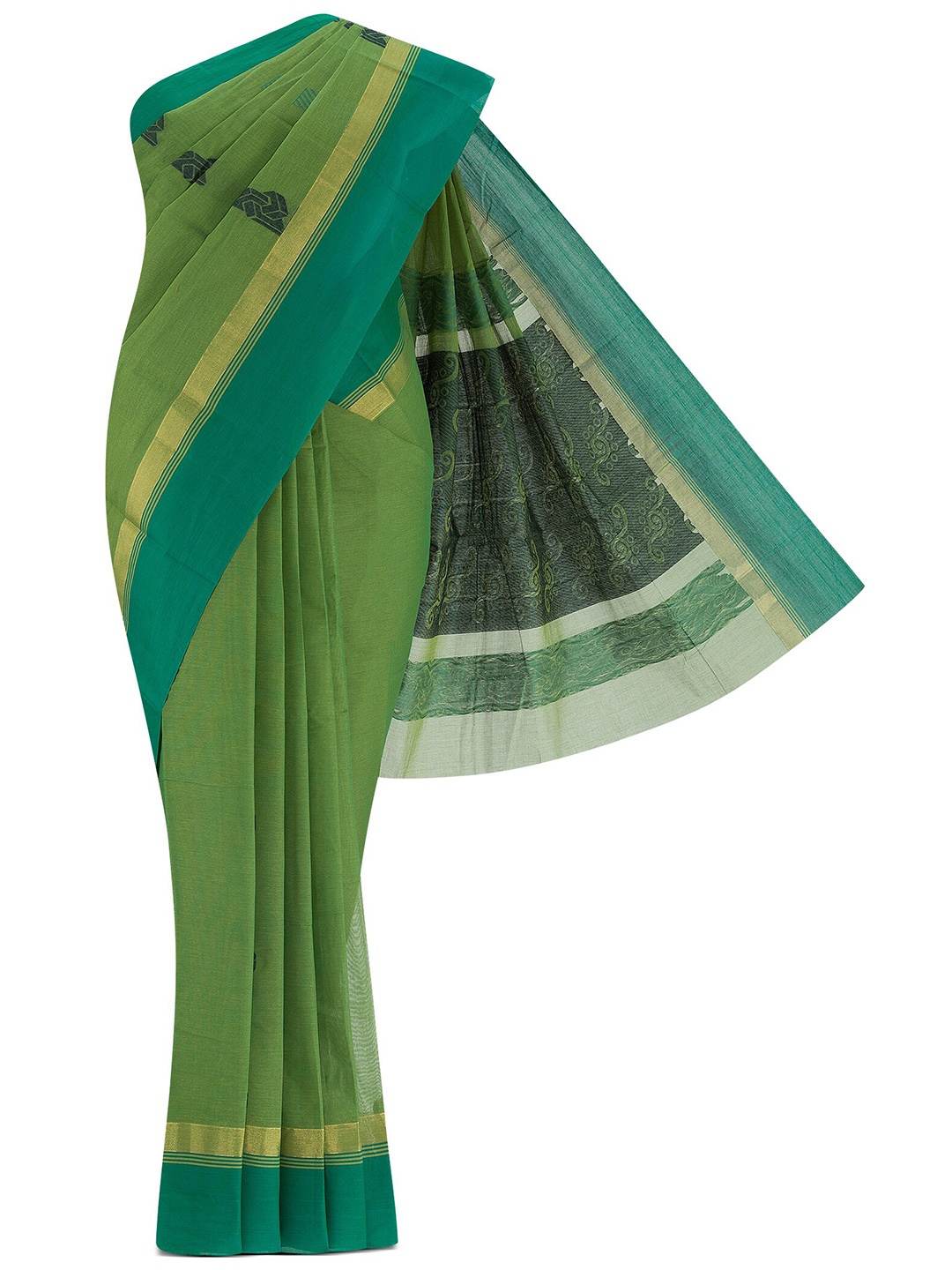 

Nalli Geometric Woven Design Zari Pure Cotton Kanjeevaram Saree, Green