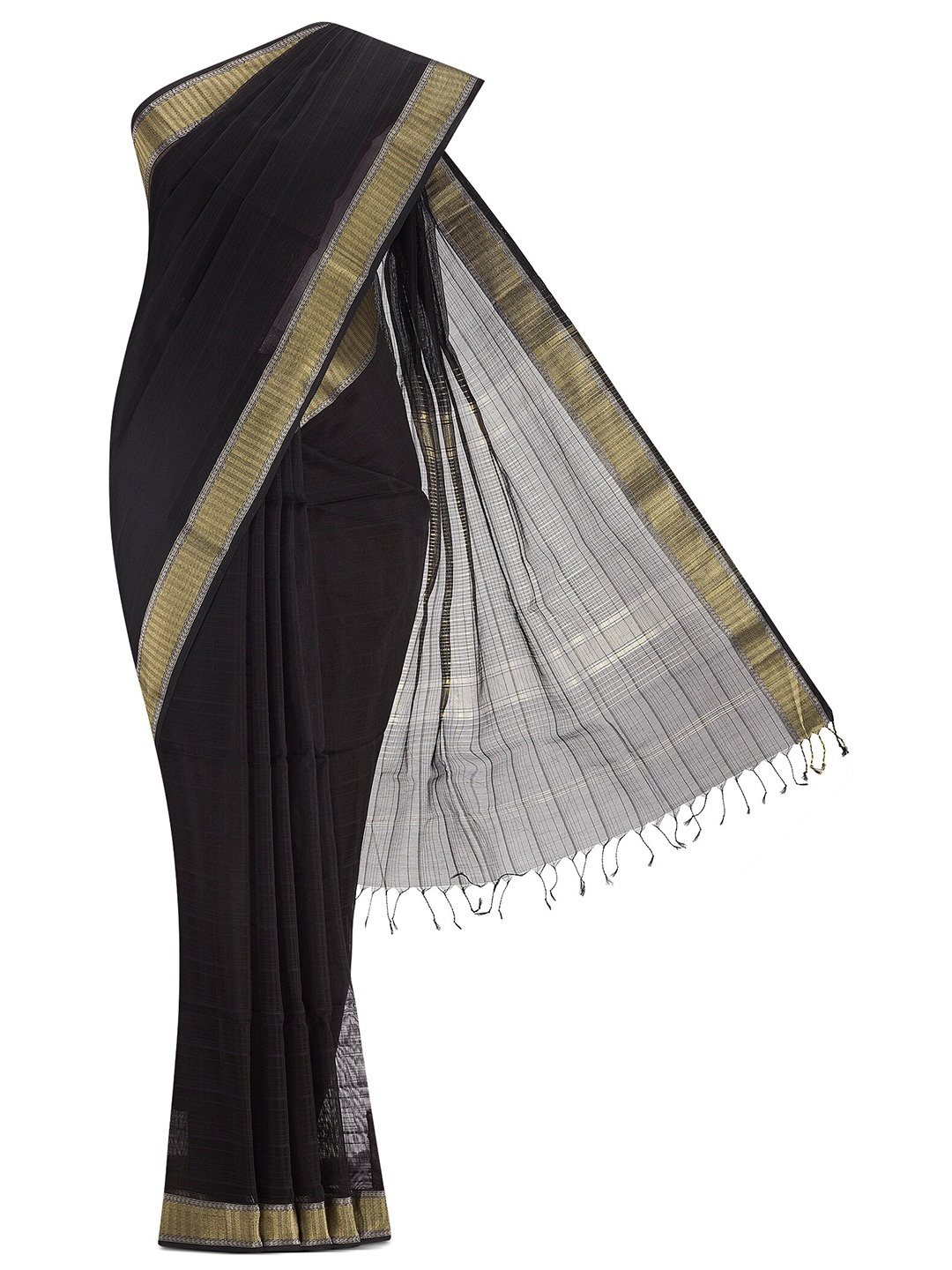 

Nalli Zari Silk Cotton Maheshwari Saree, Black