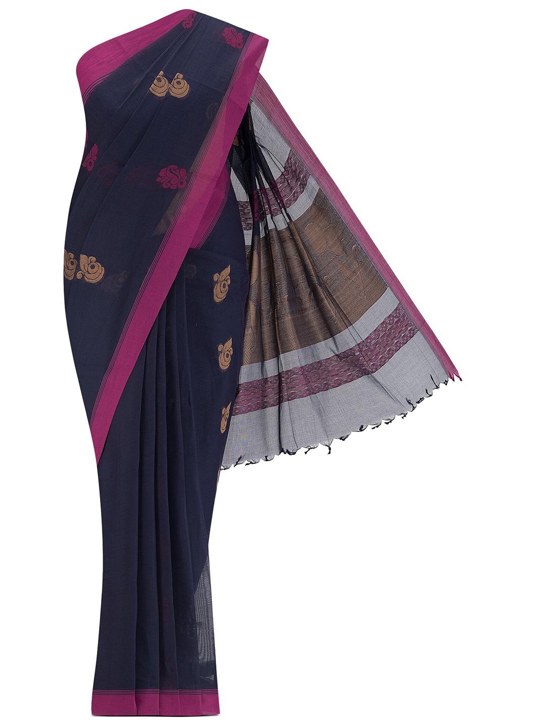 

Nalli Ethnic Motifs Woven Design Pure Cotton Kanjeevaram Saree, Navy blue