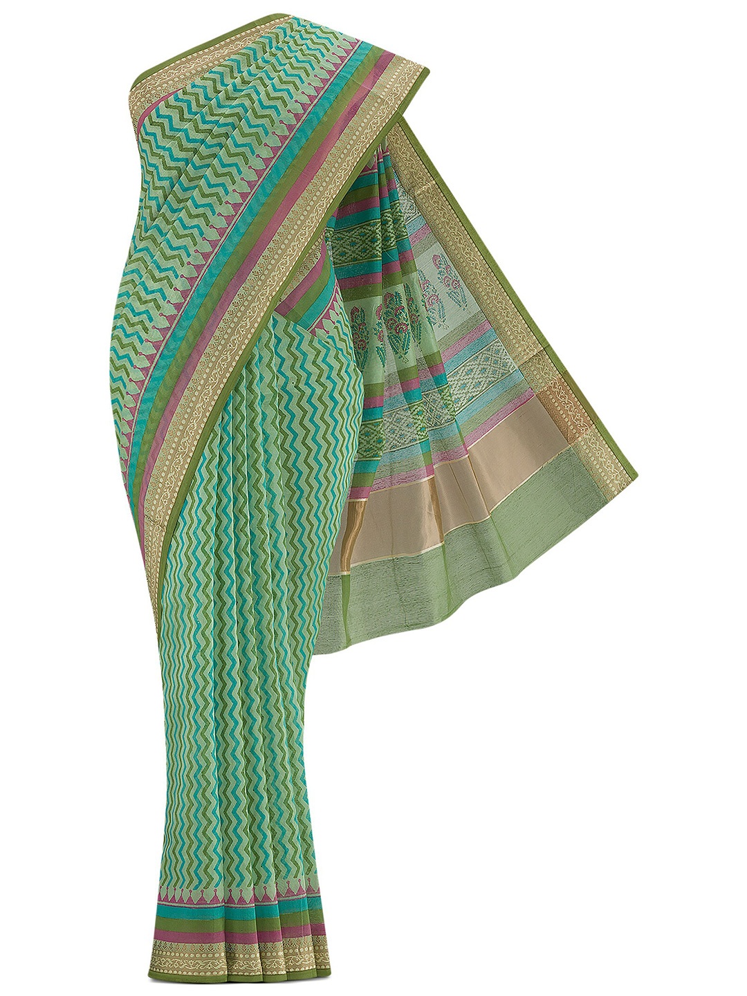 

Nalli Geometric Printed Zari Kota Saree, Green