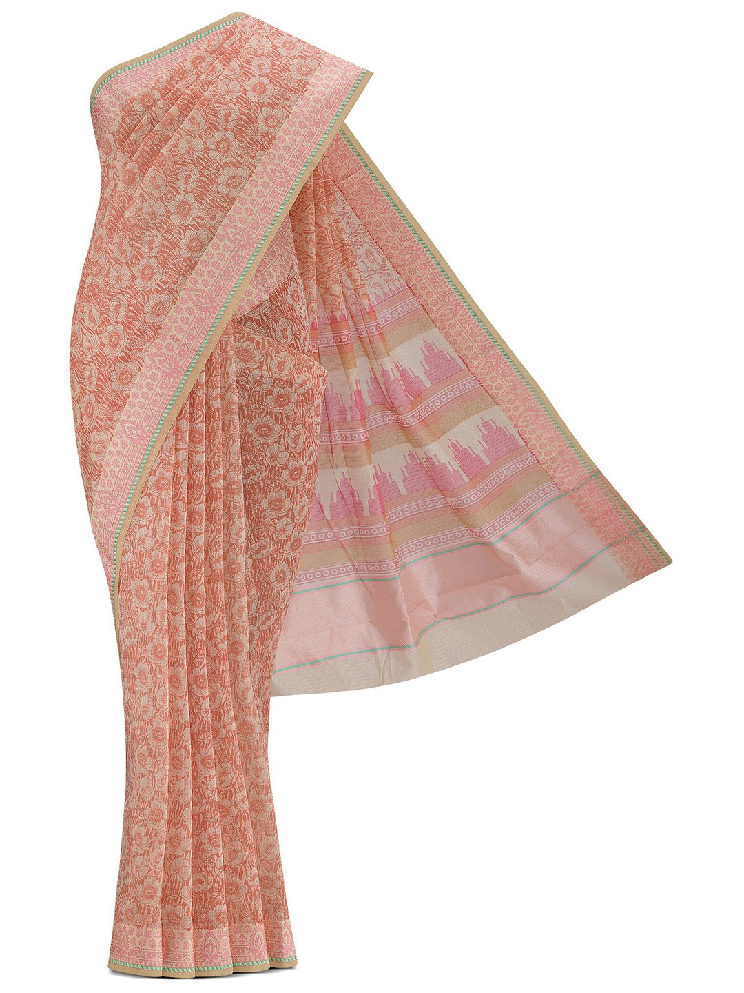 

Nalli Floral Printed Zari Kota Saree, Cream