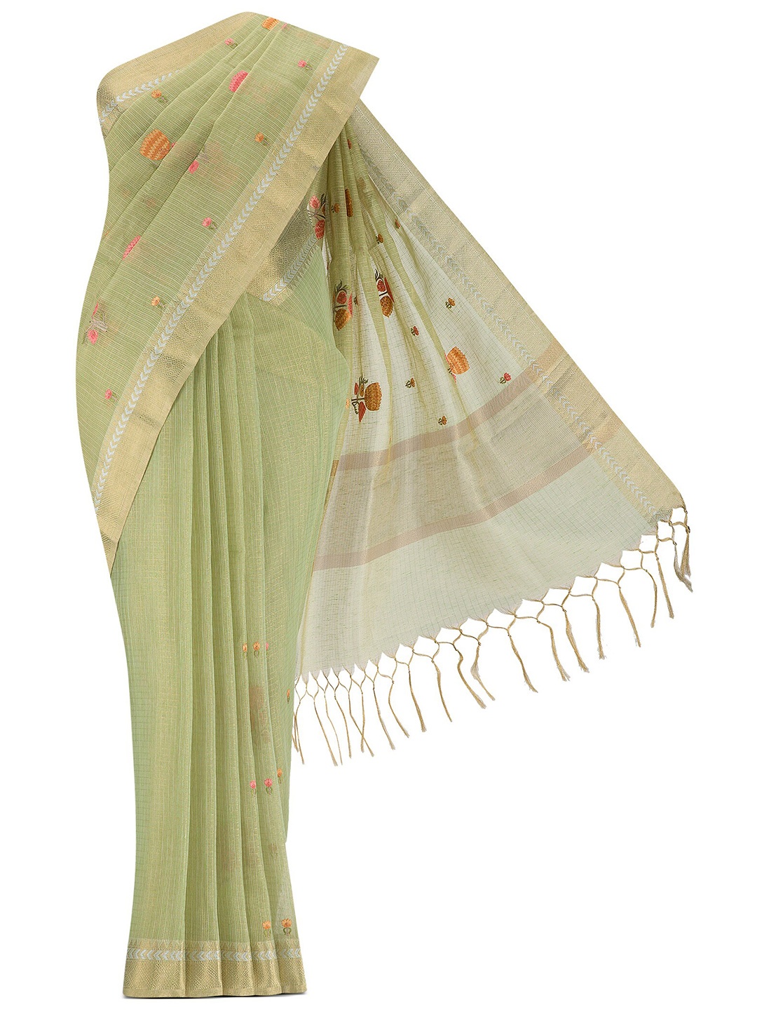 

Nalli Floral Embroidered Zari Silk Cotton Saree, Green