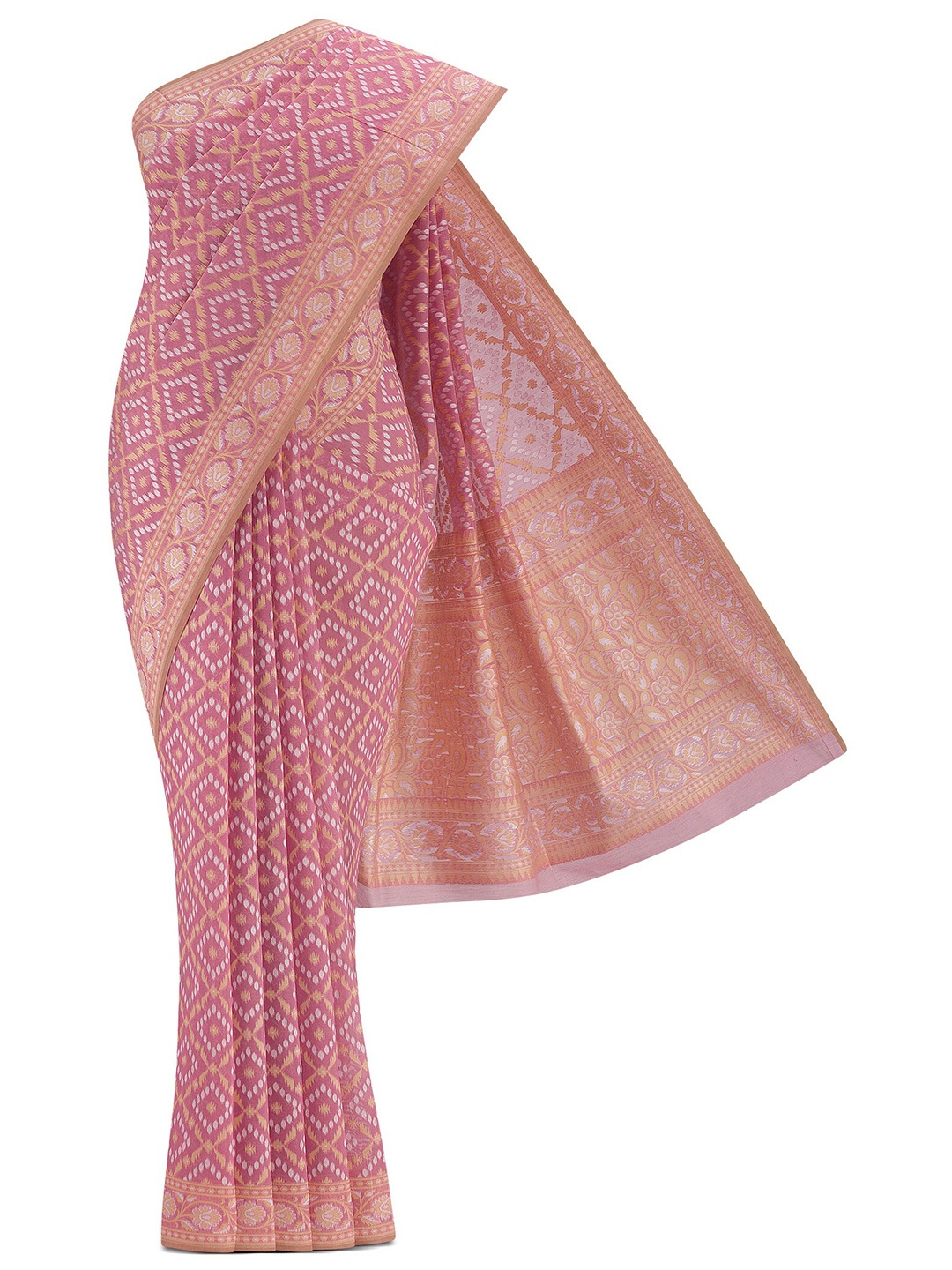 

Nalli Geometric Printed Zari Silk Cotton Saree, Pink