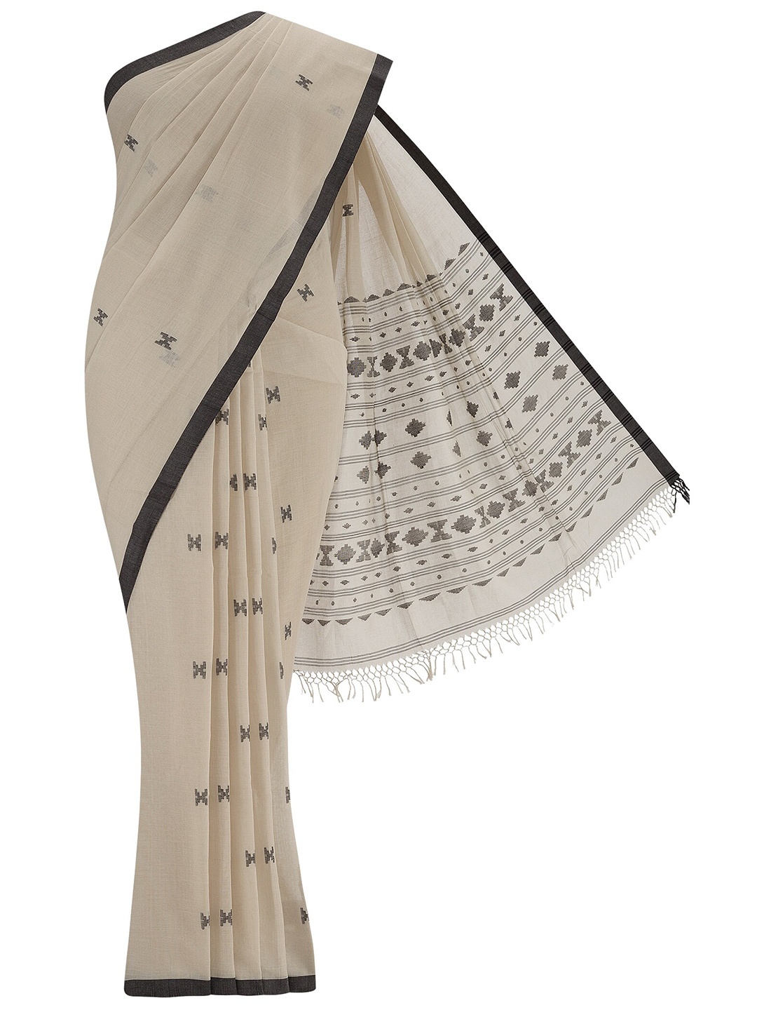 

Nalli Geometric Woven Design Pure Cotton Taant Saree, Beige