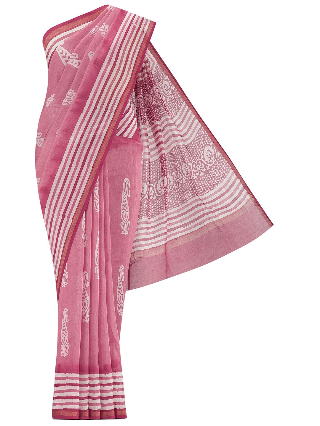 

Nalli Batik Printed Zari Silk Cotton Maheshwari Saree, Pink