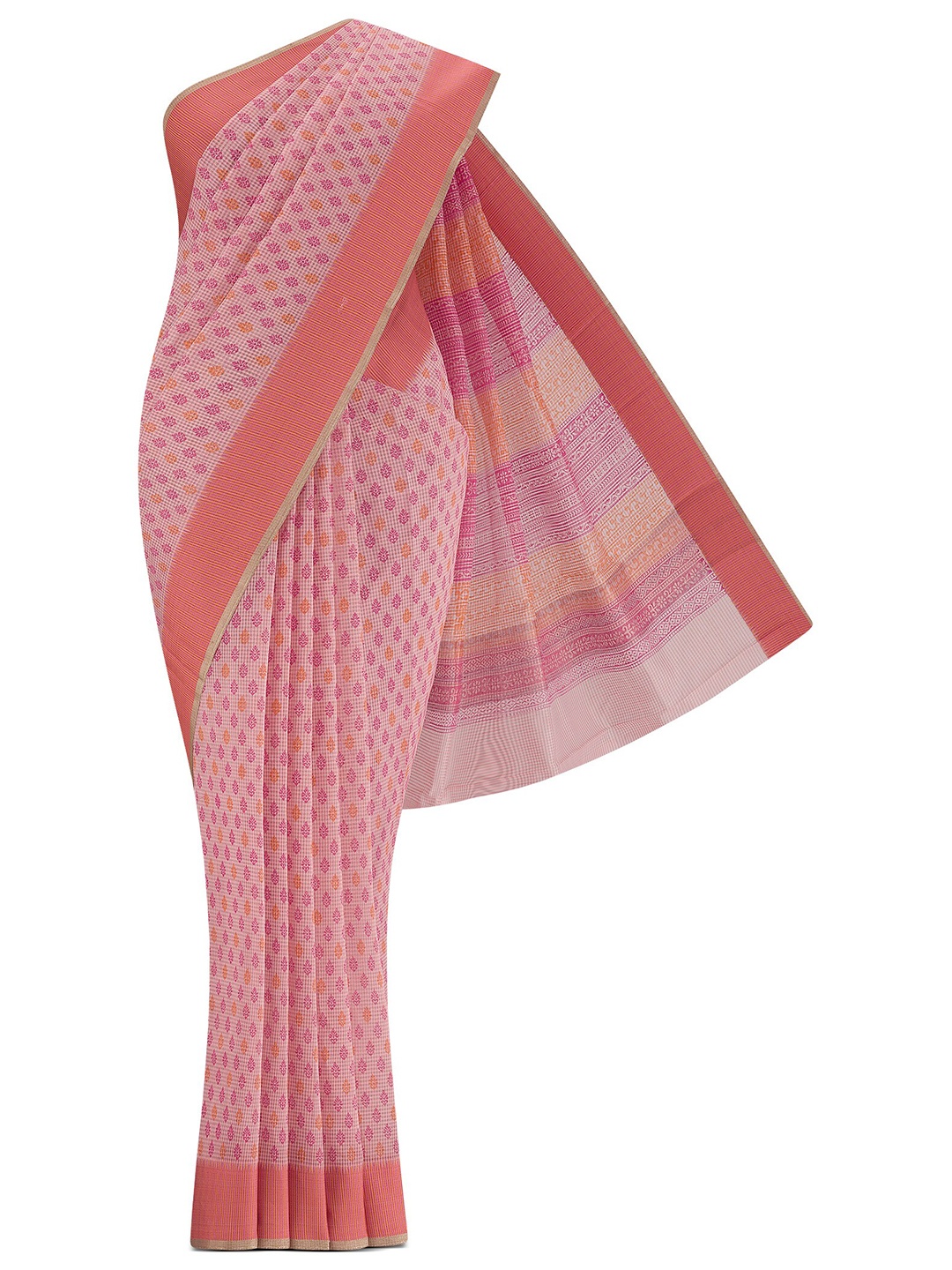 

Nalli Floral Printed Pure Cotton Zari Bagru Saree, Pink