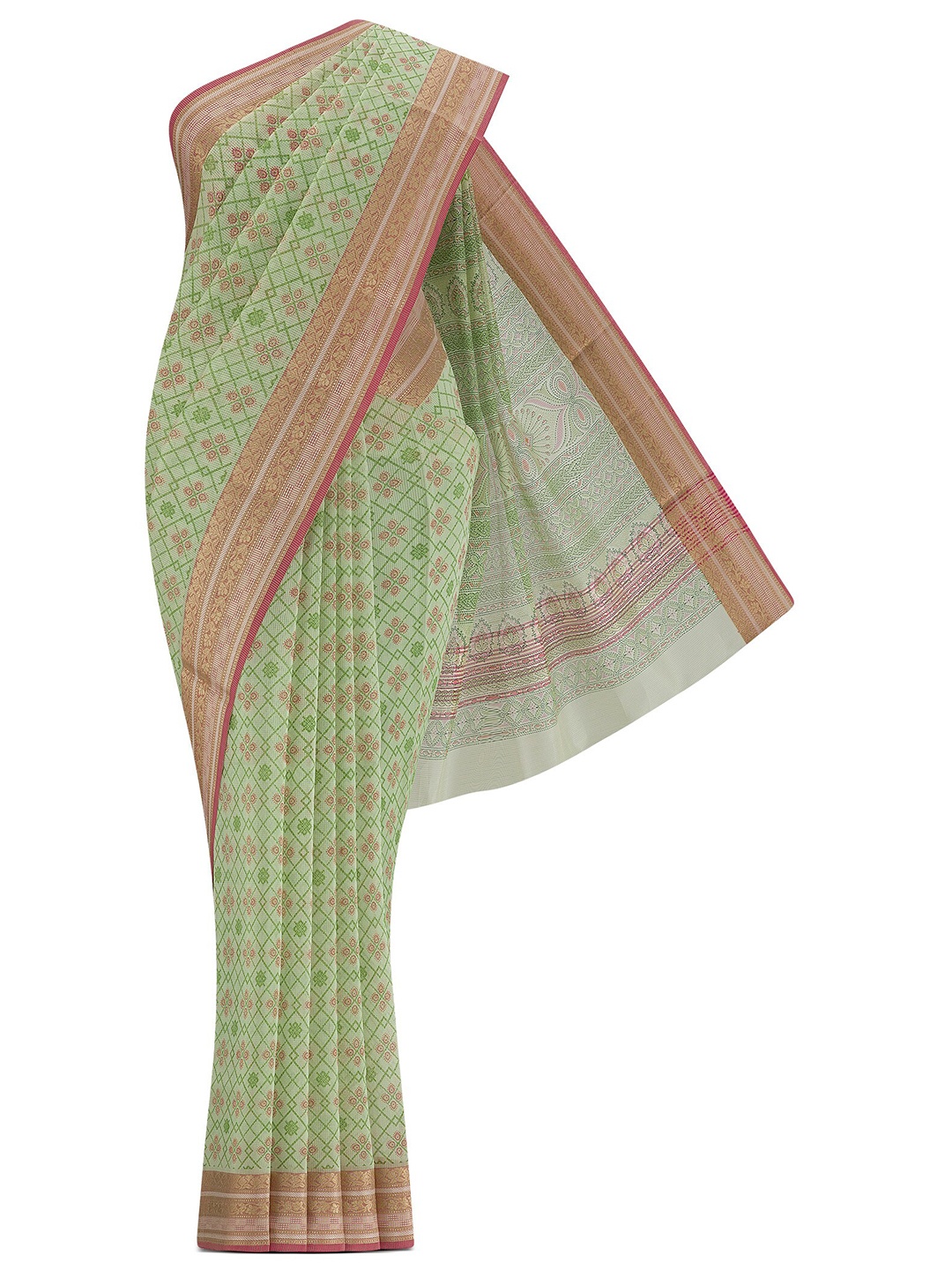 

Nalli Ethnic Motifs Printed Pure Cotton Bagru Sarees, Green