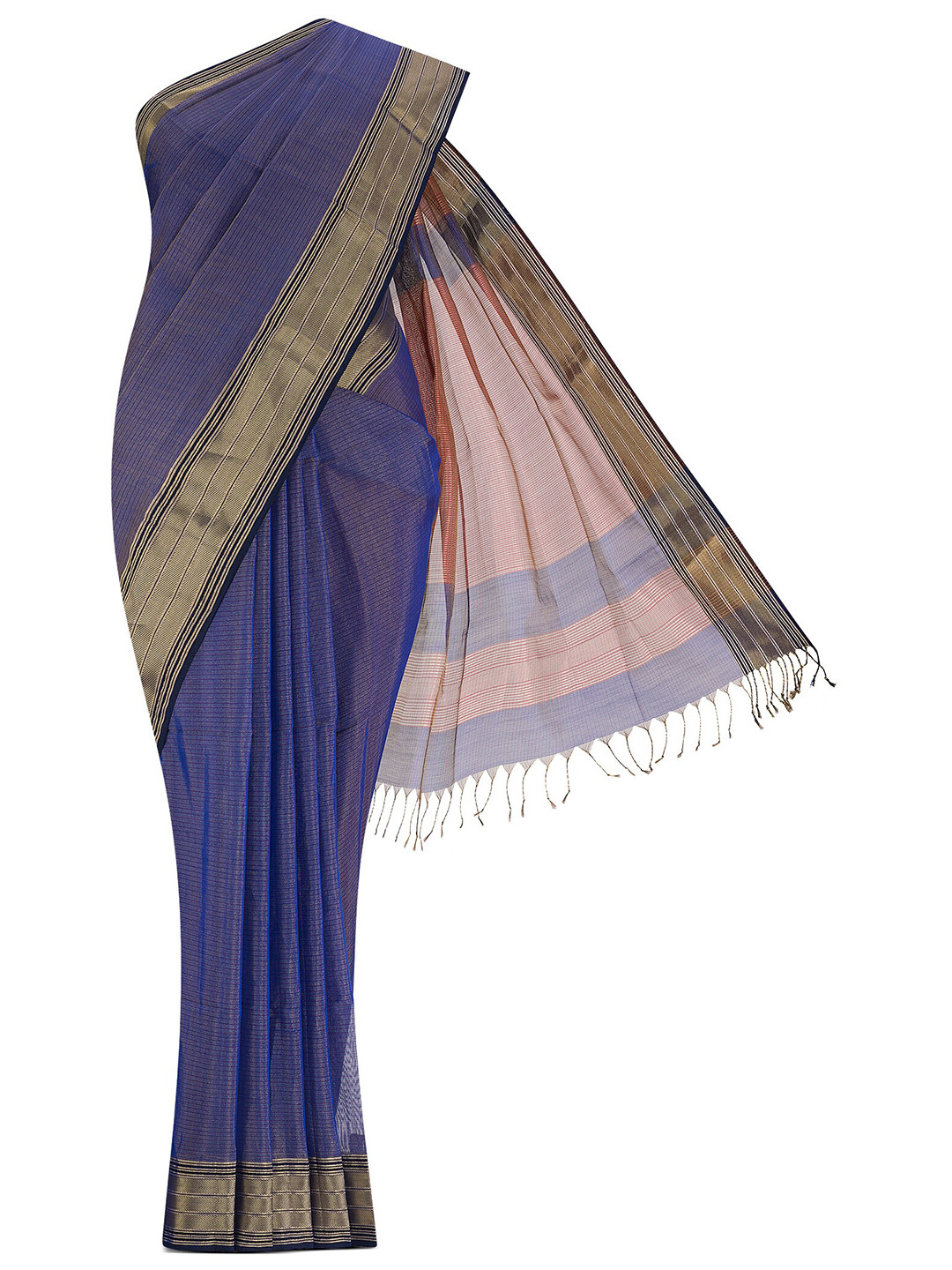 

Nalli Striped Zari Silk Cotton Maheshwari Saree, Blue