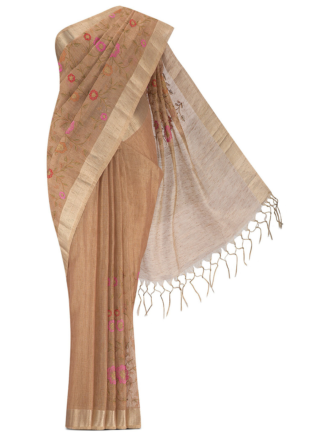 

Nalli Floral Embroidered Zari Silk Cotton Saree, Brown