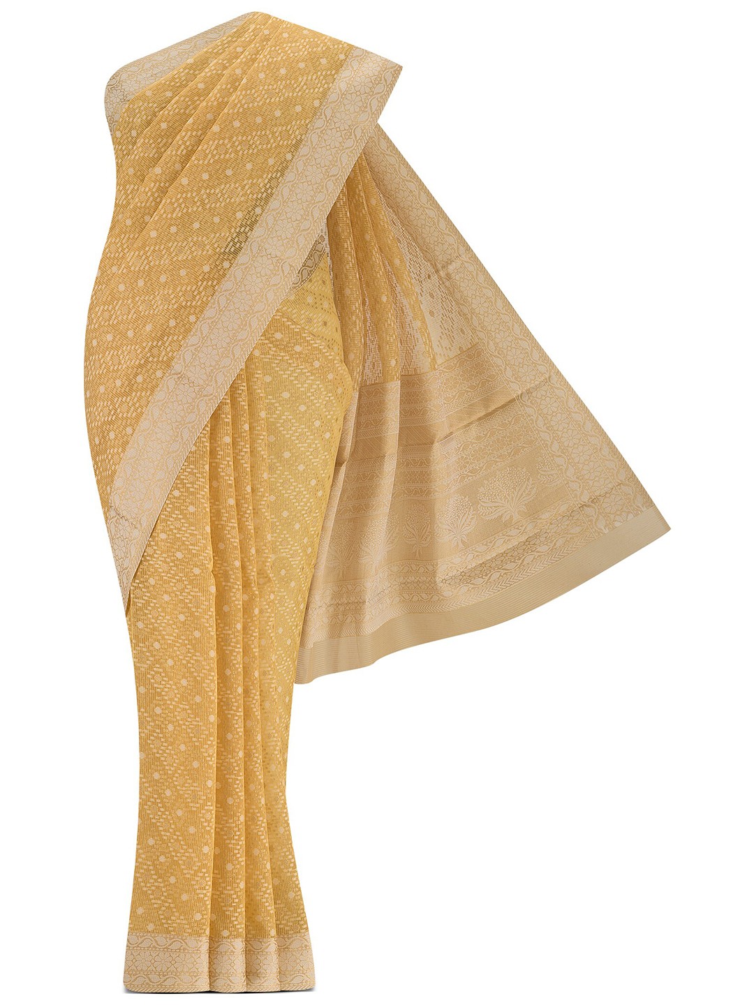 

Nalli Ethnic Motifs Woven Design Silk Cotton Zari Saree, Yellow