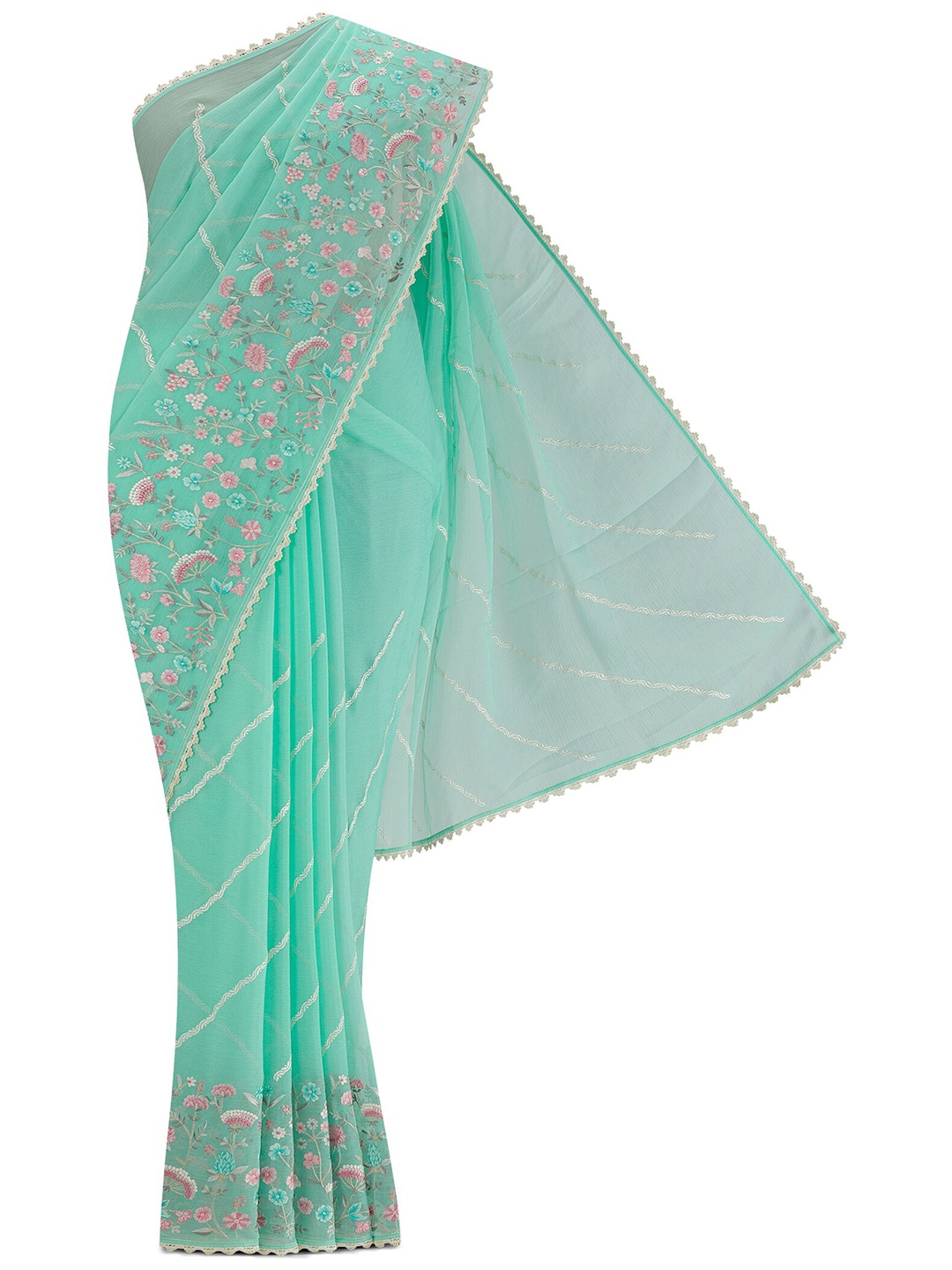 

Nalli Floral Embroidered Mysore Silk Saree, Green
