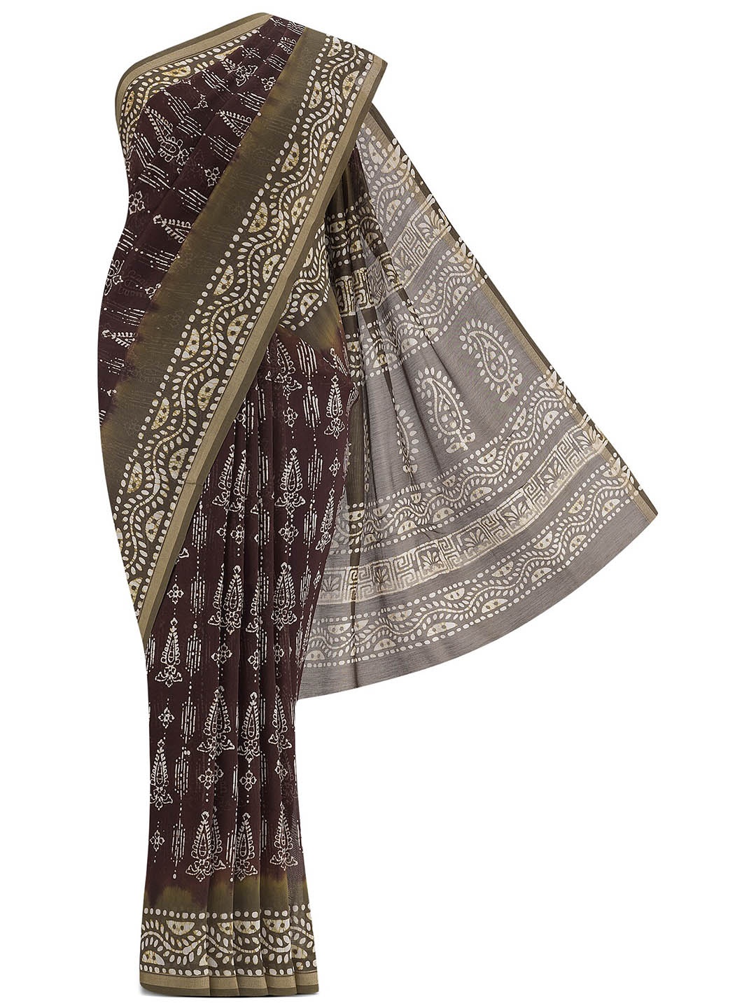 

Nalli Batik Printed Silk Cotton Maheshwari Saree, Brown