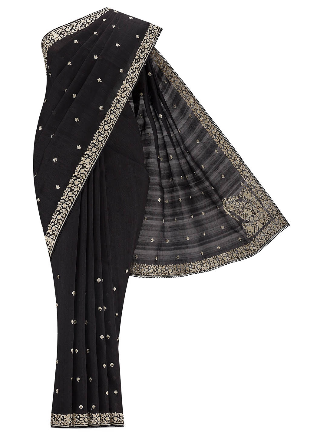 

Nalli Floral Embroidered Tussar Saree, Black
