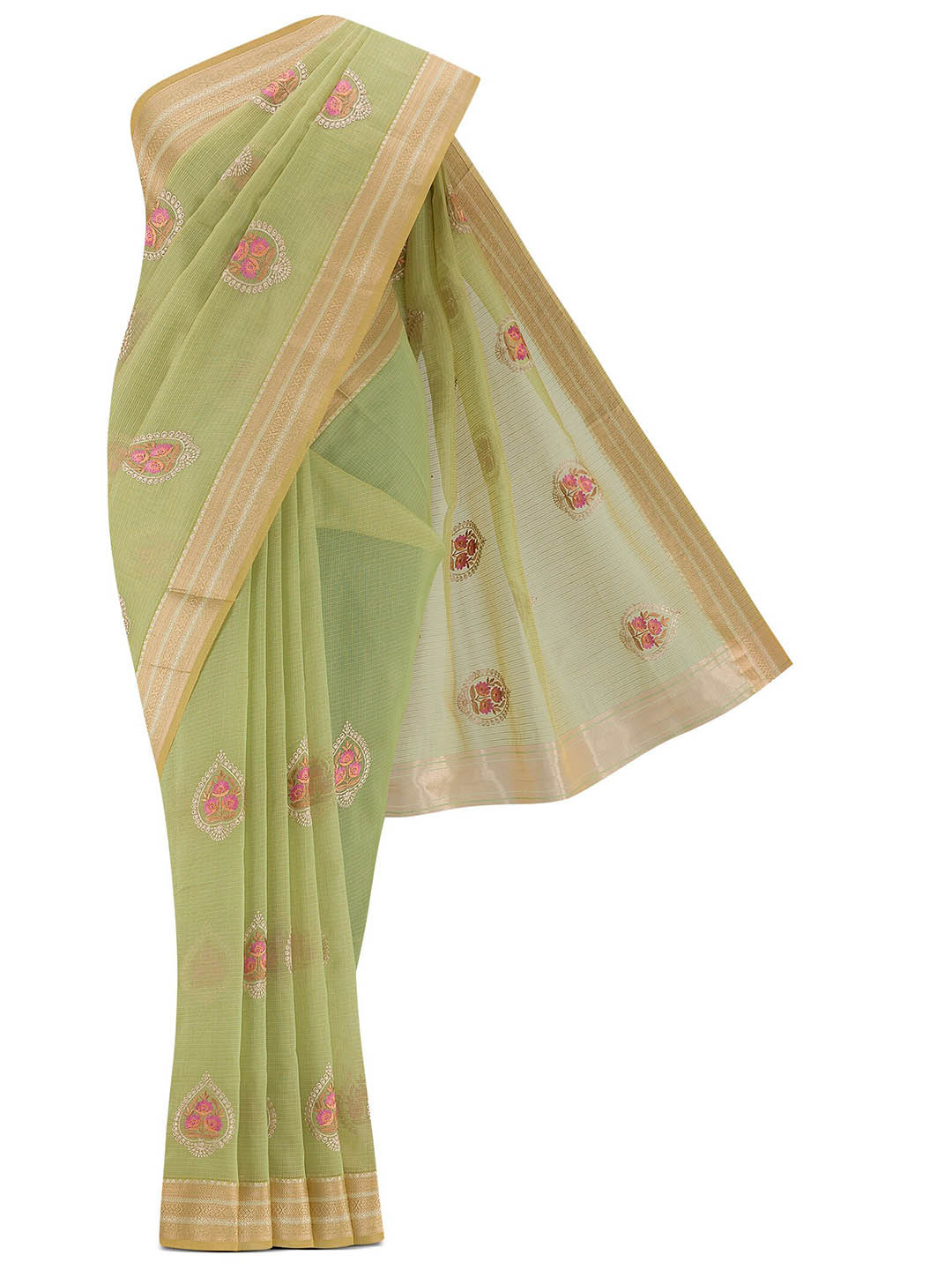 

Nalli Floral Printed Woven Design Zari Kota Saree, Green